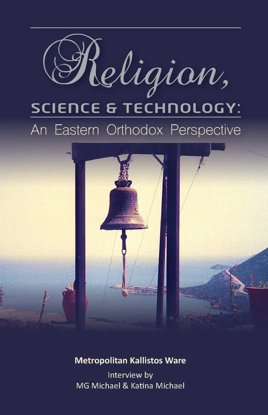 Cover of a book titled "Religion, Science & Technology: An Eastern Orthodox Perspective" featuring a bell hanging from a wooden frame with a scenic coastal landscape in the background. Kallistos Ware was the interviewee.