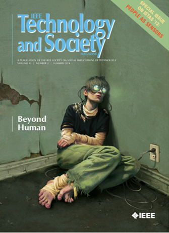 Woman with goggles sitting on the floor in a broken room with peeling paint, connected to a power outlet. Cover of IEEE Technology and Society magazine, Summer 2014, titled "Beyond Human."
