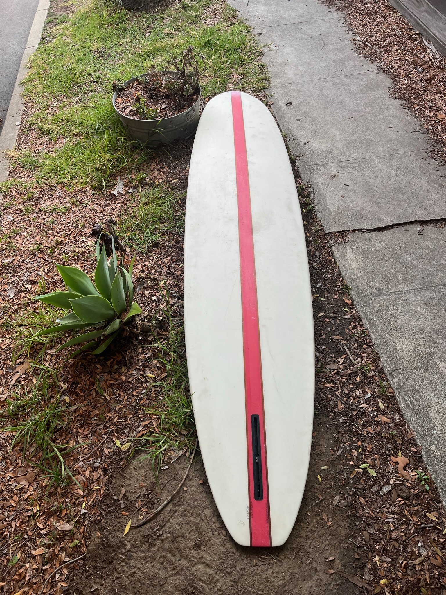 A white surfboard made with High Density Foam with a pink stripe down the middle, lying on the ground next to a sidewalk, with a plant in a black pot nearby.