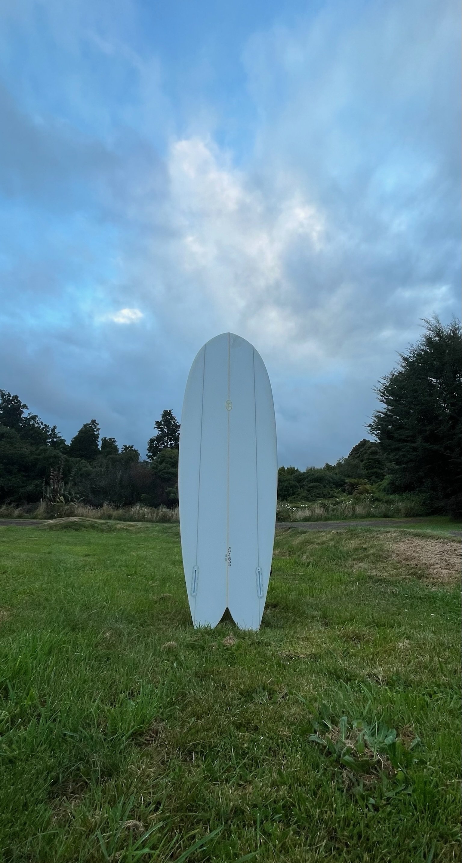 A white surfboard standing upright on a grassy field with trees in the background under a partly cloudy sky.