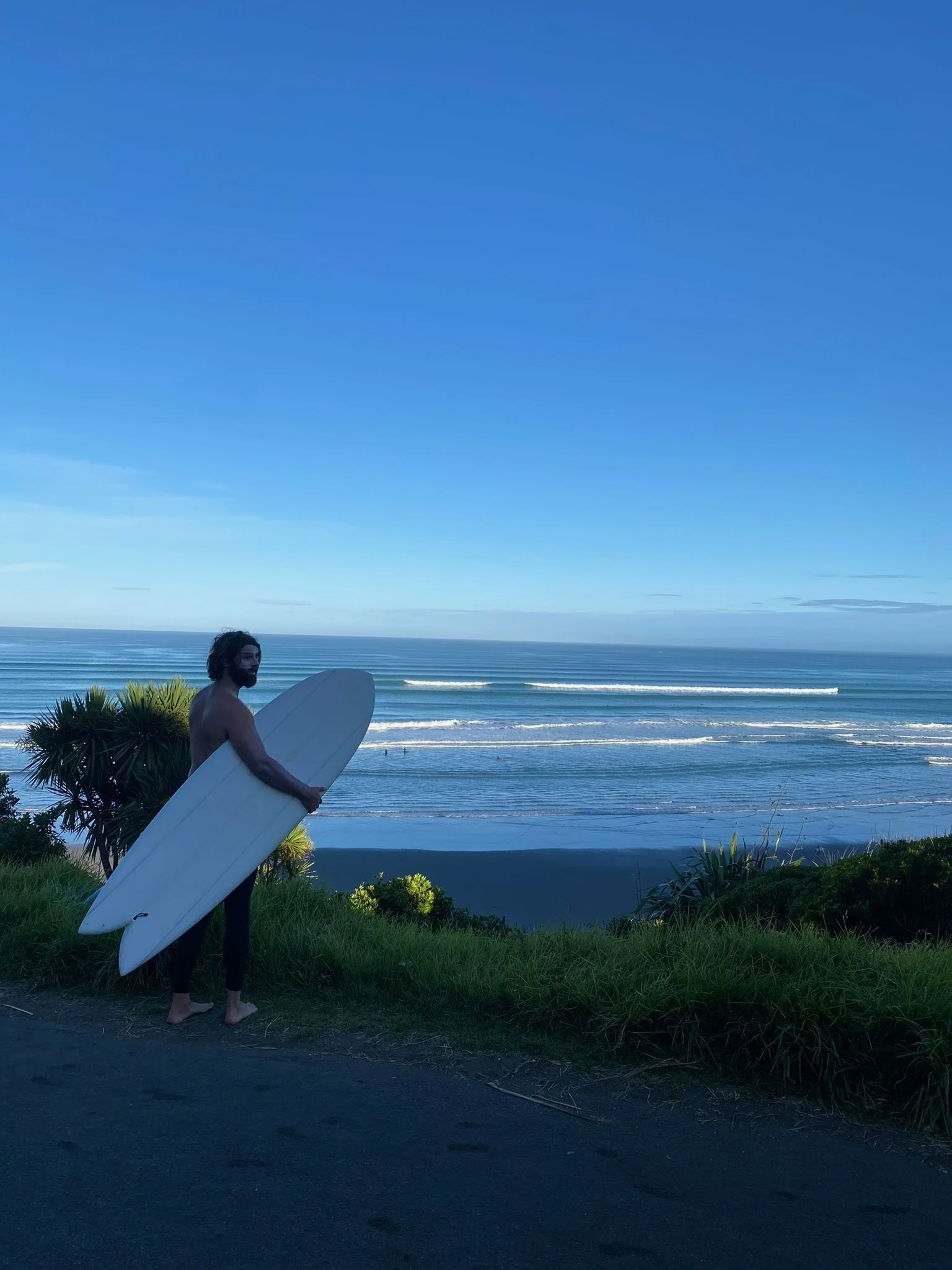 A man with a beard holding a surfboard stands on a grassy area near the beach with the ocean and waves in the background under a mostly clear blue sky.