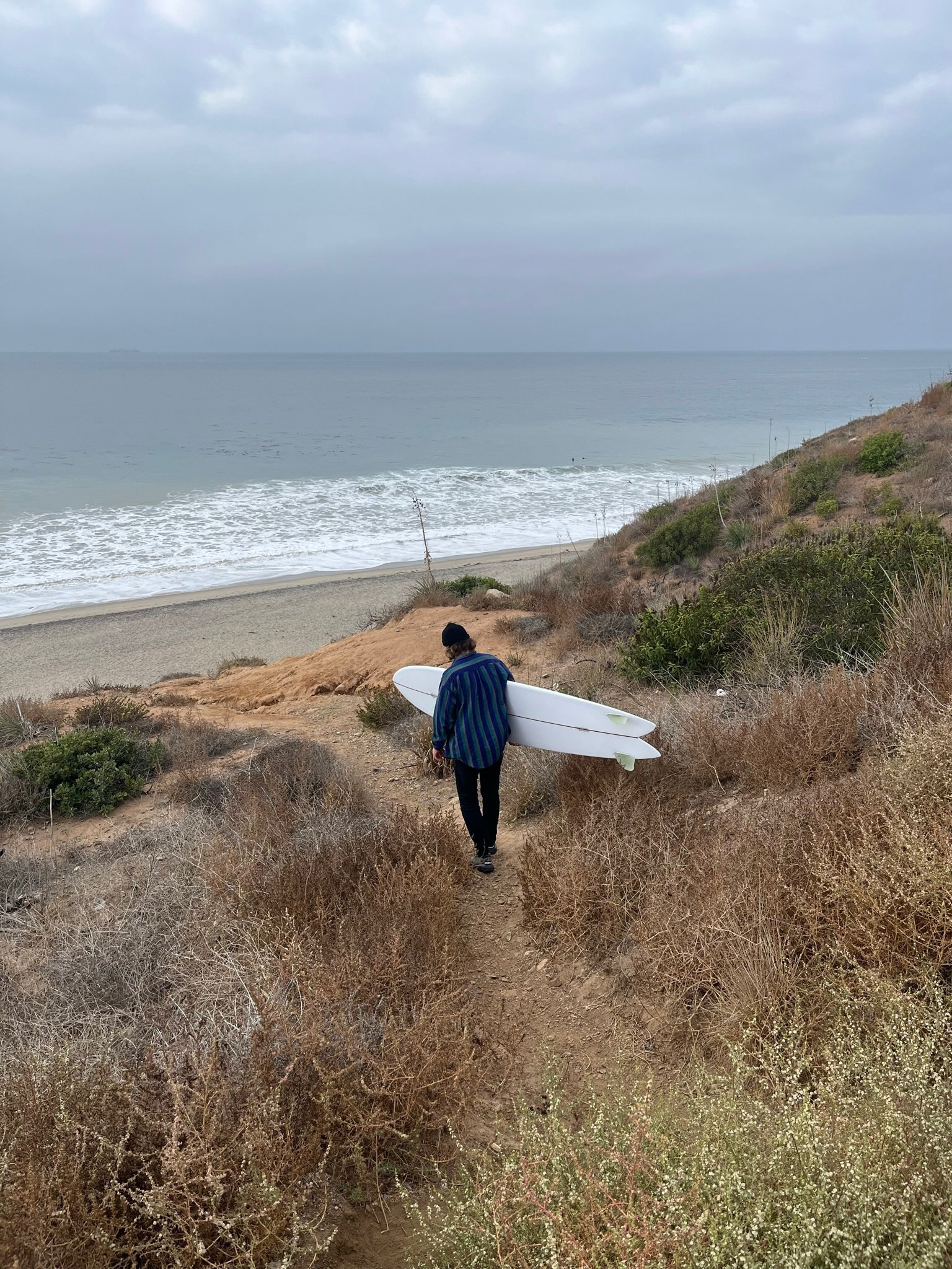 A person walking on a dirt trail towards the beach, holding a surfboard, surrounded by dried brush and coastal vegetation, with the ocean and cloudy sky in the background.