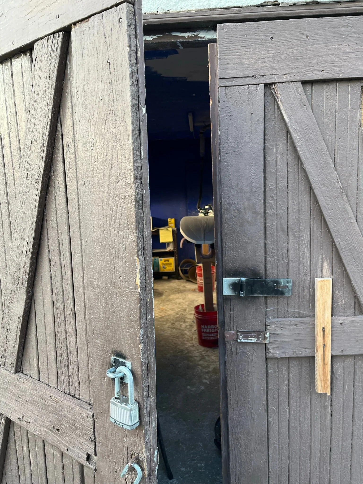 A close-up of a wooden shed door partly open, revealing a storage area inside with a blue wall, a bucket, and various tools and supplies.