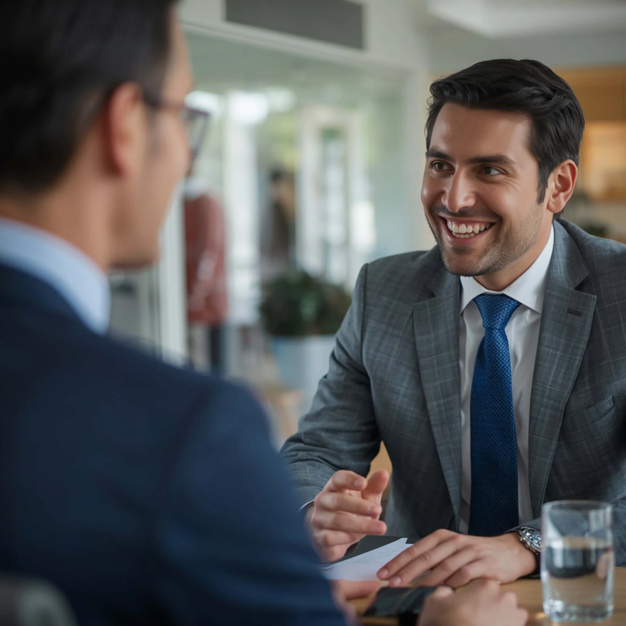 Two men engaged in a conversation, one is smiling, wearing a gray checked suit with a blue tie, and the other is blurred in the foreground.