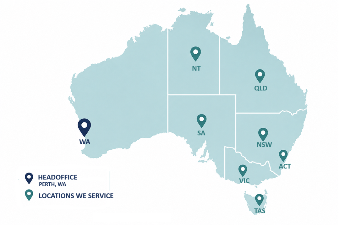 Map of Australia with state abbreviations and markers. Perth, WA marked as head office; other states marked with service locations.