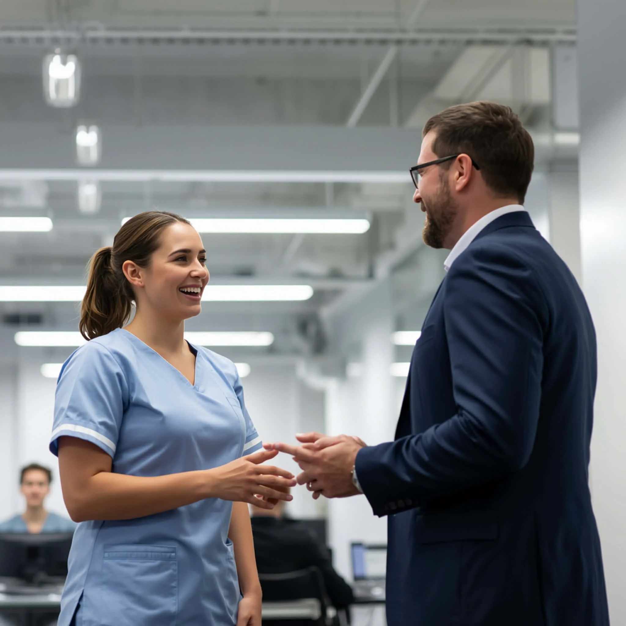A woman in medical scrubs smiling and engaging in a handshake or conversation with a man in a dark suit in a modern, brightly lit office or hospital setting.