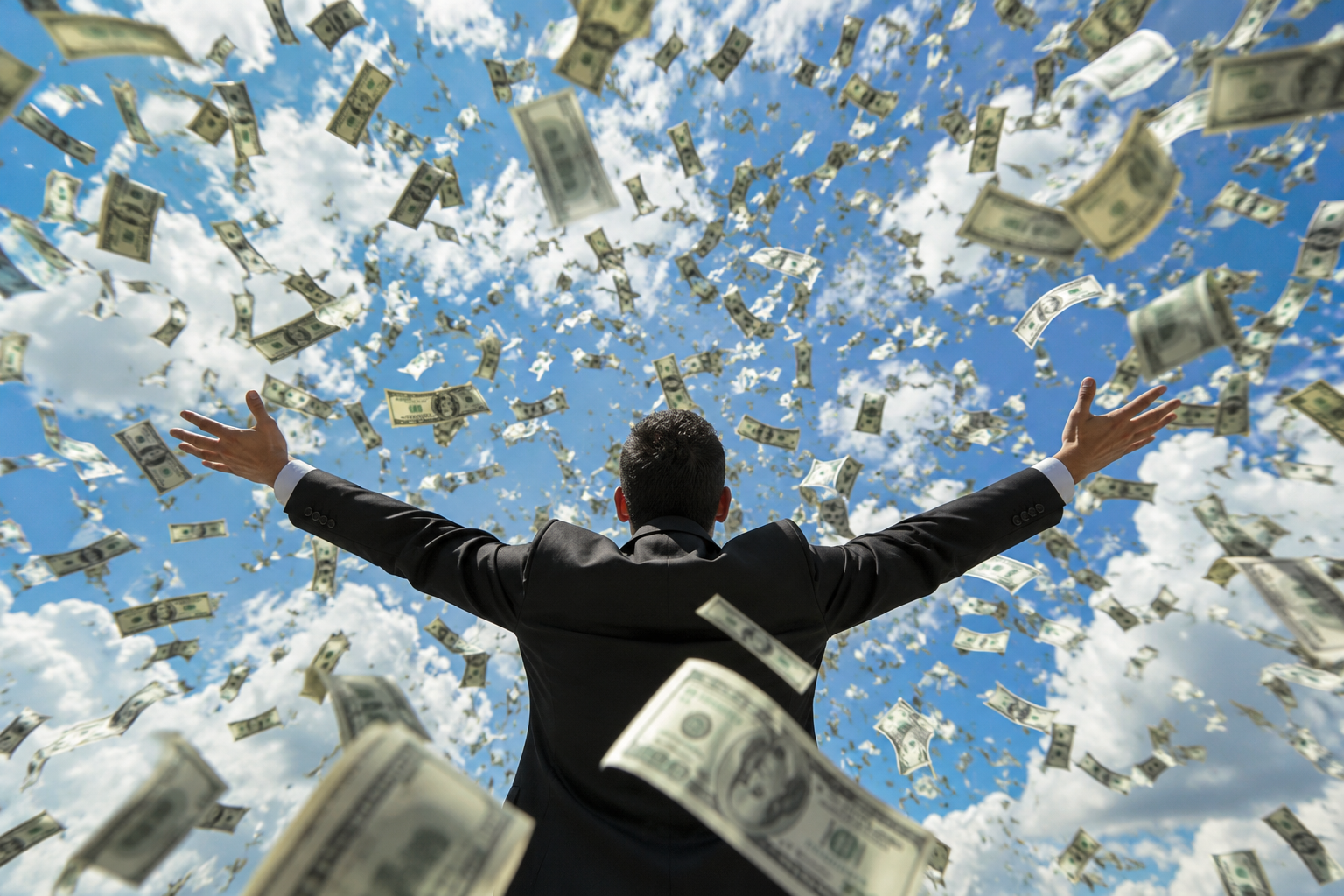 A man in a business suit with arms outstretched stands outdoors under a blue sky with scattered clouds, surrounded by flying dollar bills.