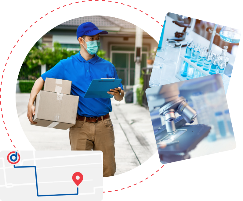 A delivery person wearing a blue uniform and face mask holding a package and a clipboard outside a house. The image includes inset photos of a laboratory with test tubes and a microscope, and a map indicating a delivery route.
