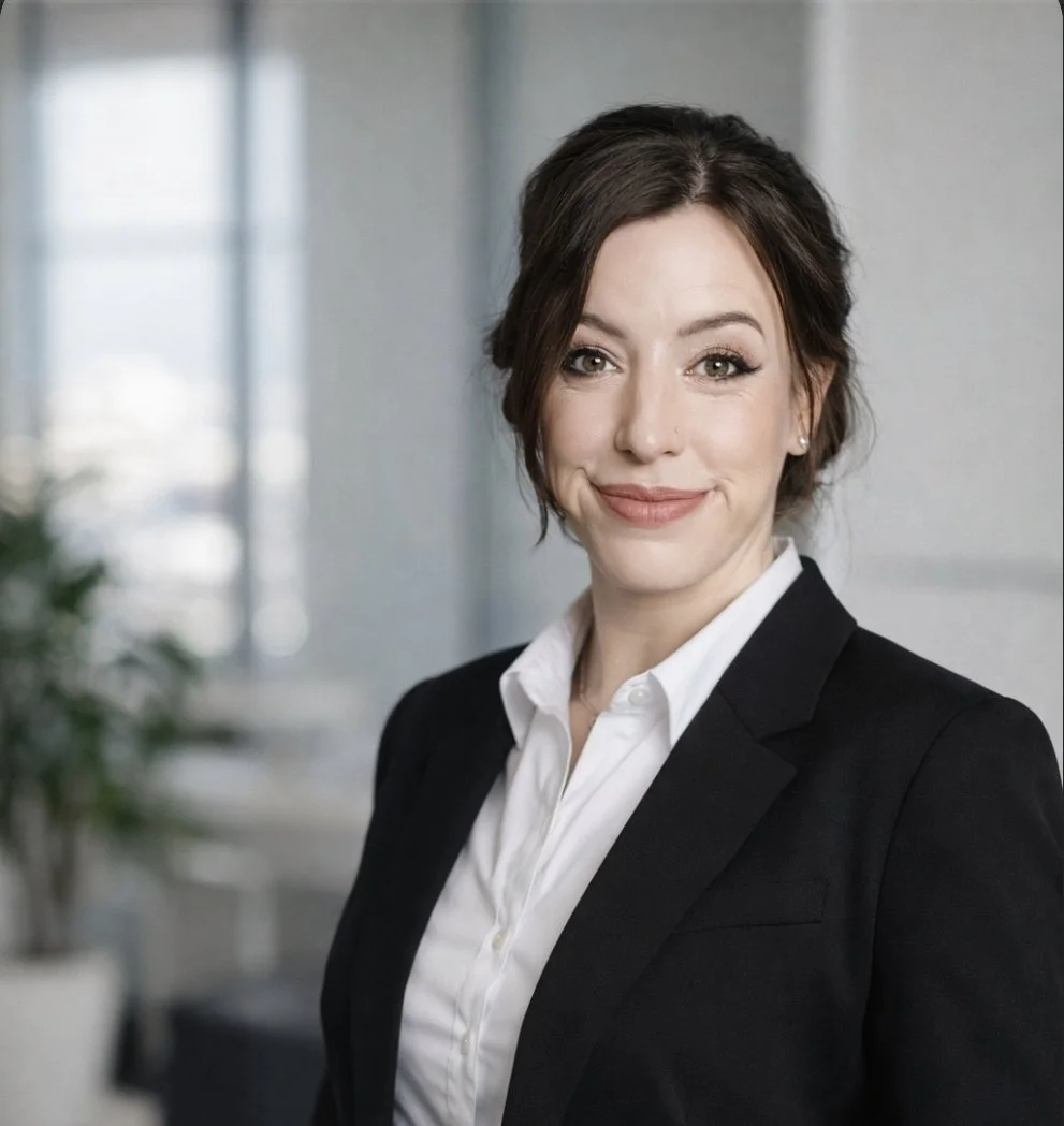A professional woman with short brown hair, wearing a black blazer and white shirt, smiling confidently in an office setting.
