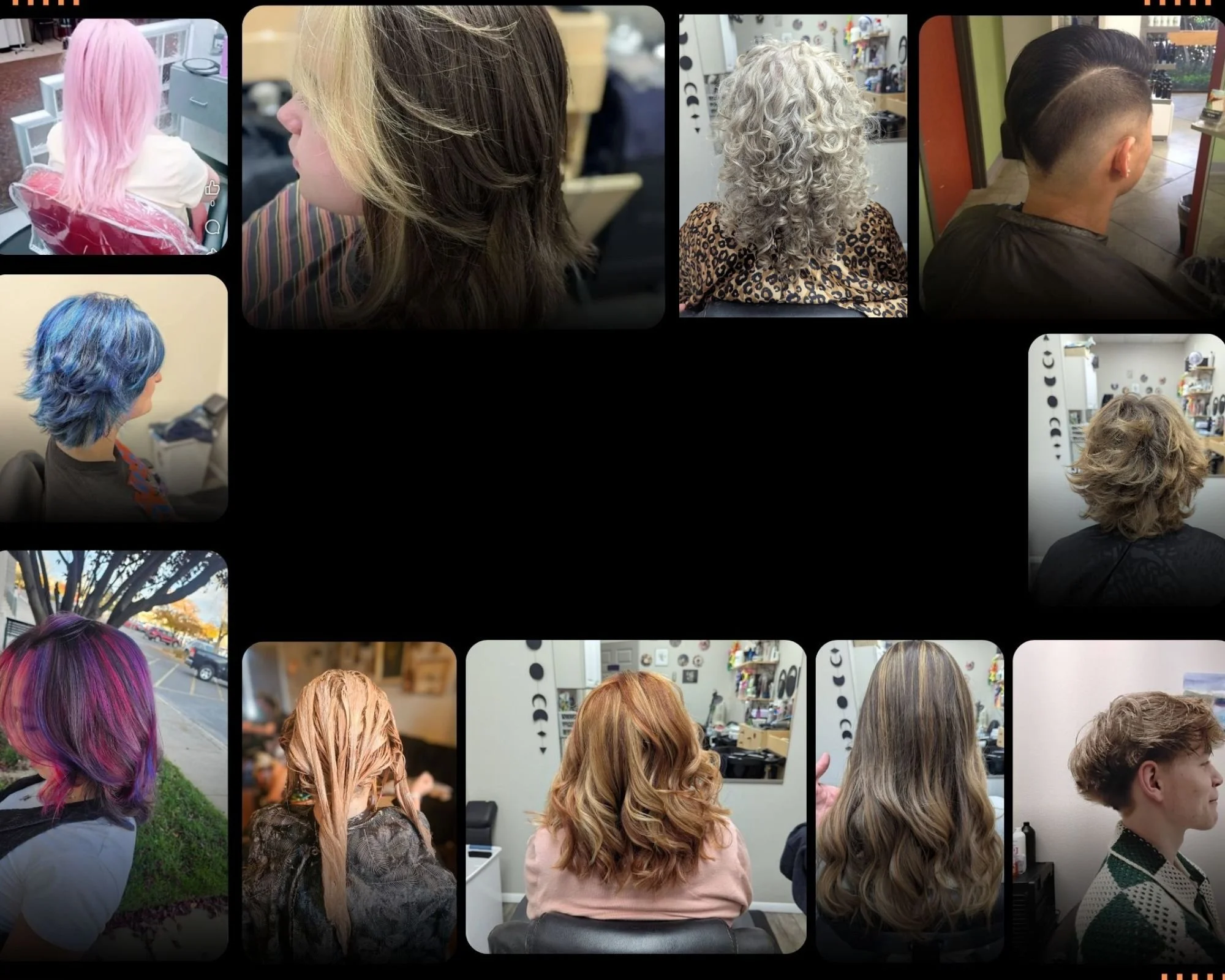 Collection of multiple photos showing different hairstyles, including colorful, layered, and textured cuts, on various individuals in salon settings and outdoors.