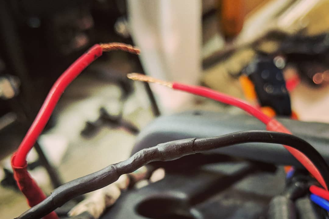 Close-up of red and black electrical wires, with the red wires frayed and exposed, placed on top of a black plastic object.