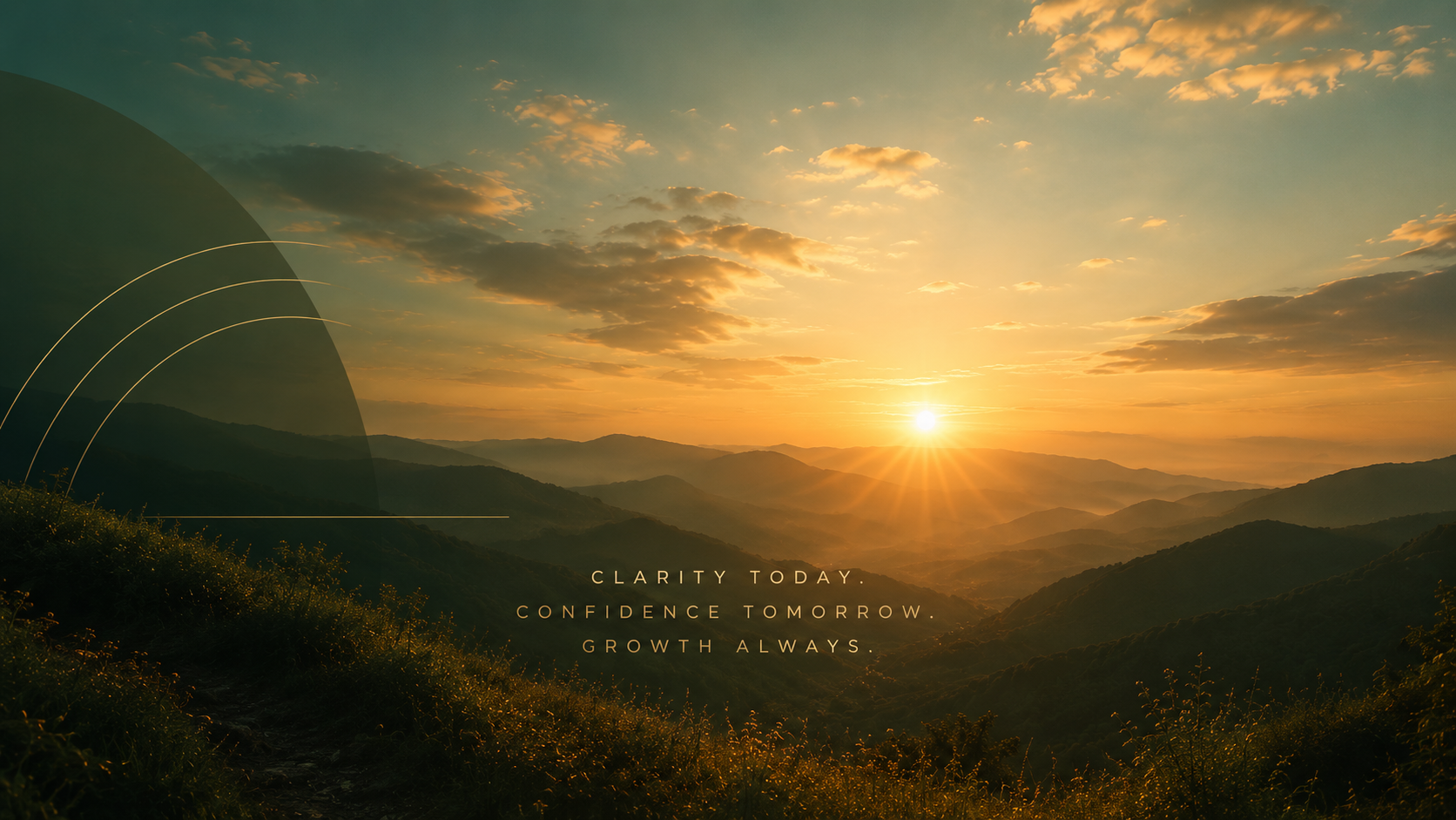 Sunrise over mountains with clouds in the sky, with an inspirational quote: 'Clarity today. Confidence tomorrow. Growth always.'
