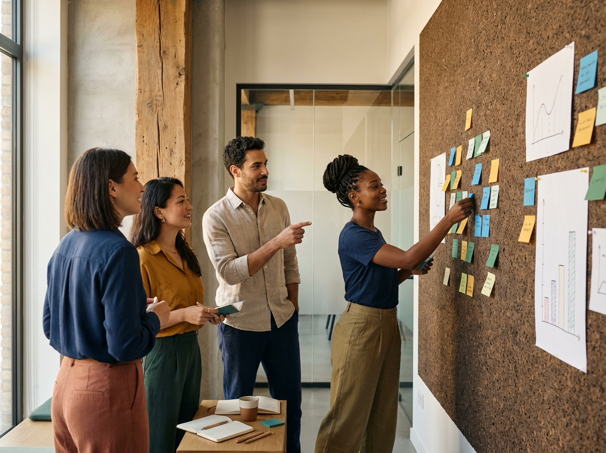 Four colleagues collaborating on a project in an office, with one woman pinning notes on a corkboard filled with charts and sticky notes.