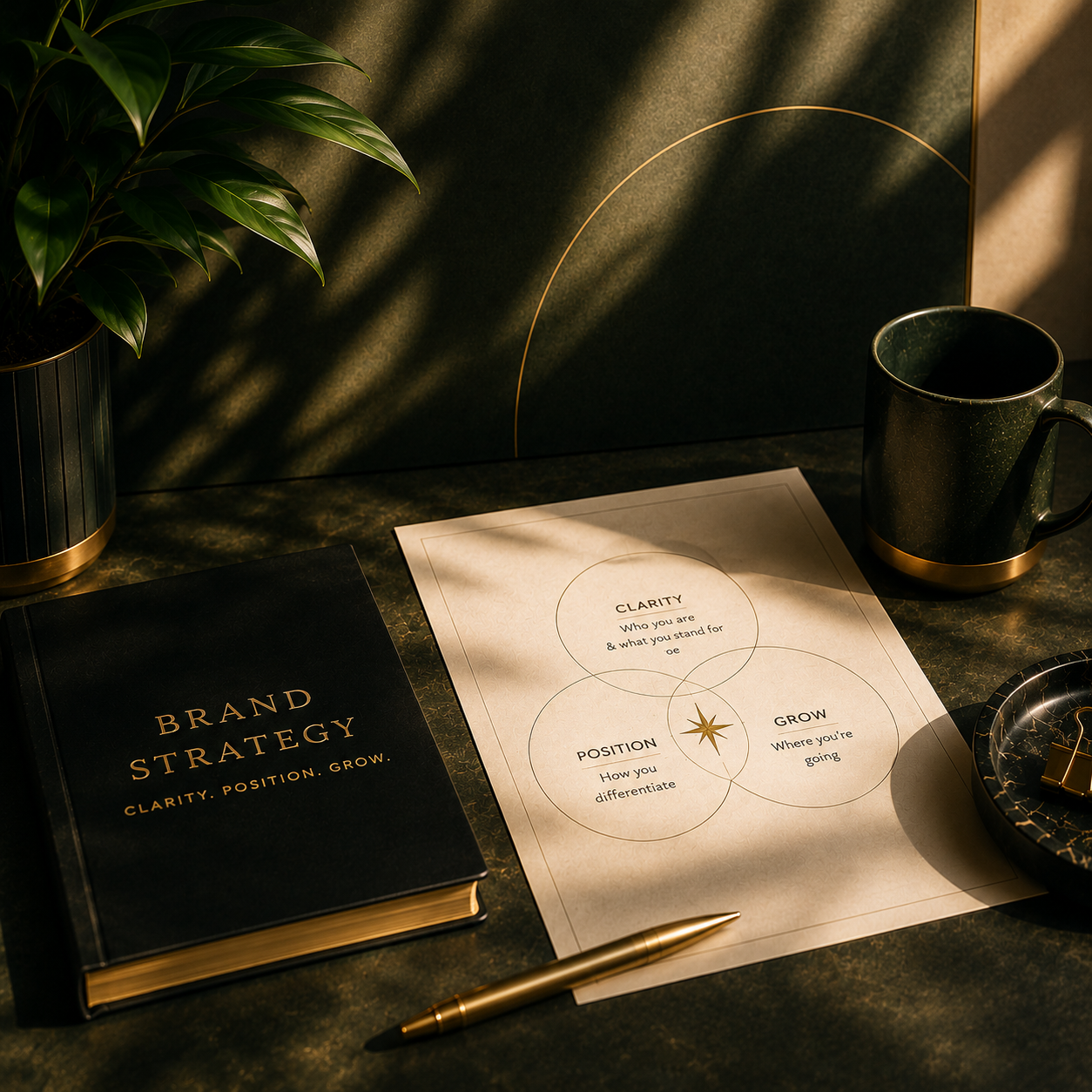 A workspace with a black book titled 'Brand Strategy: Clarity, Position, Grow,' a paper with Venn diagram titled 'Clarity, Position, Grow,' a gold pen, a black coffee mug with gold trim, a potted plant, and a black and gold tray, all illuminated by natural light and shadows.