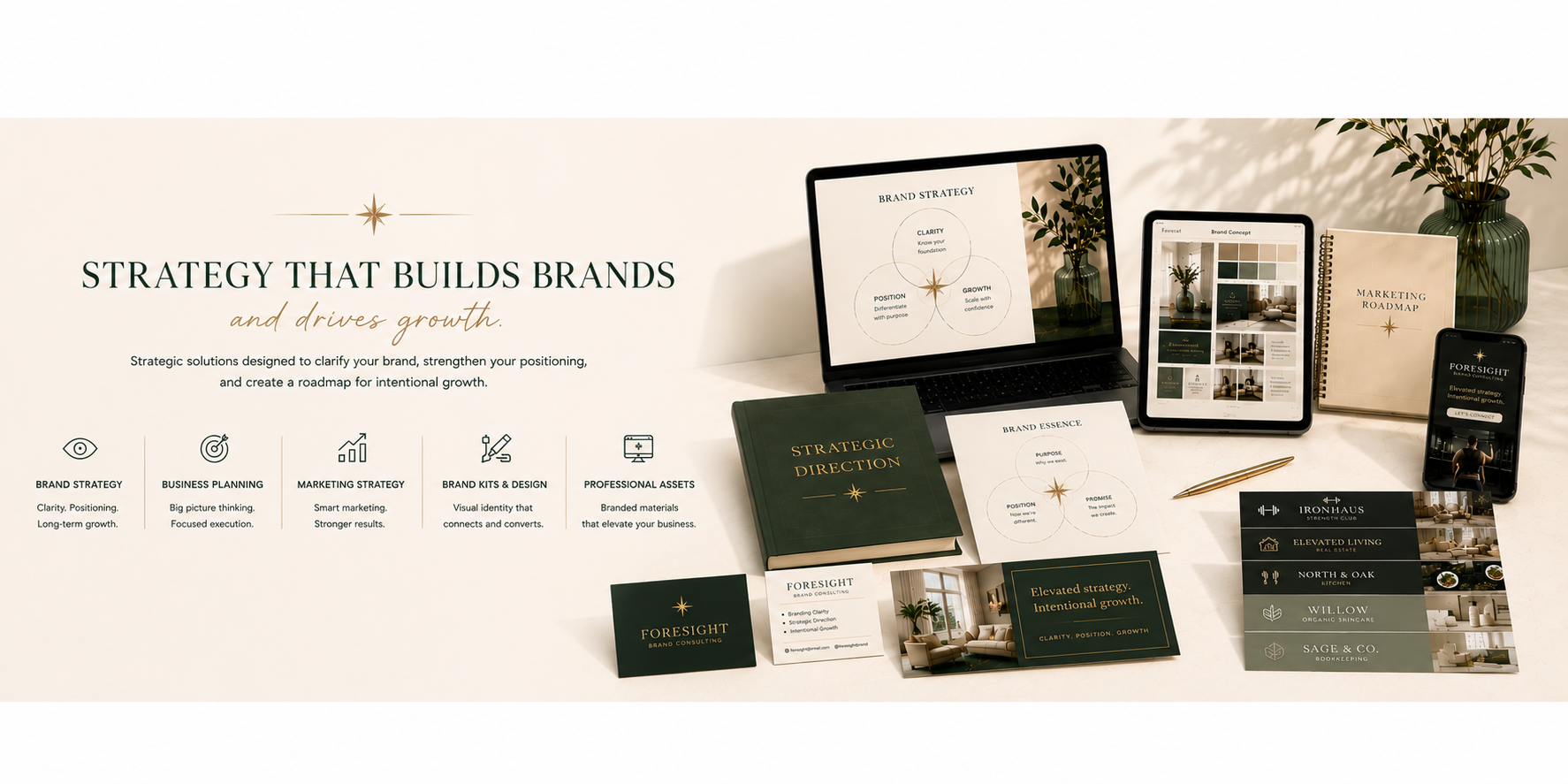 Display of branding and marketing strategy materials including a laptop, tablet, smartphone, notebooks, pamphlets, and stationary, all with a green, beige, and gold theme.