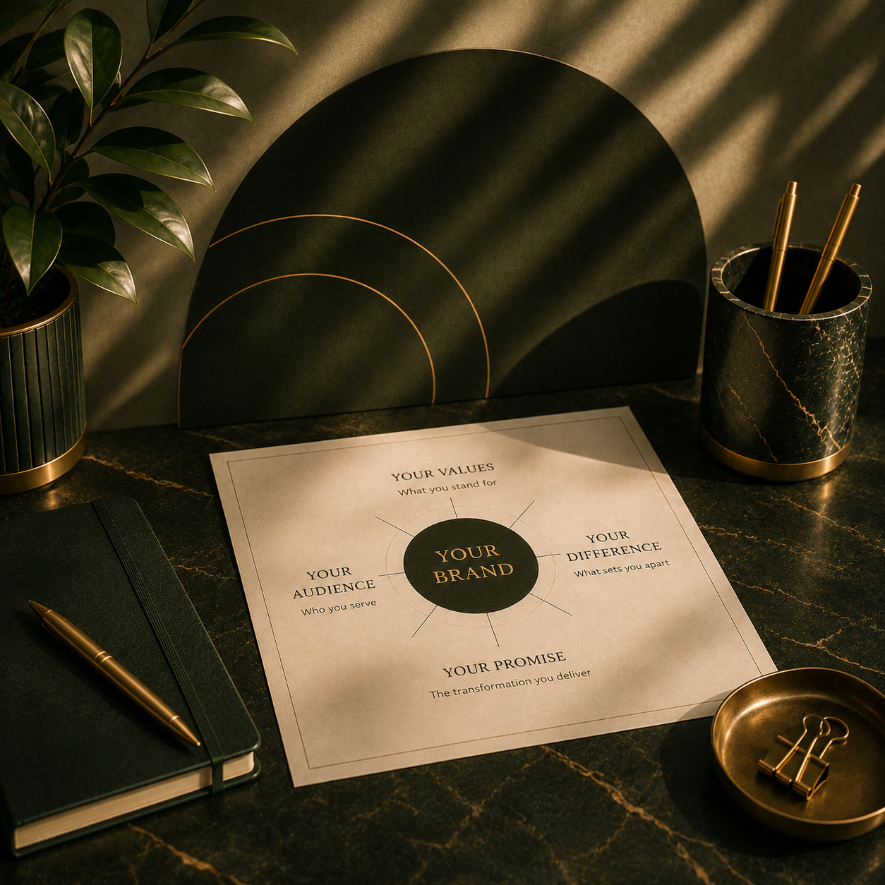 Workspace with a framed graphic titled 'Your Brand' showing core values such as 'What you stand for,' 'Who you serve,' and 'The transformation you deliver.' Includes a dark notebook with a gold pen, a potted plant, a black and gold marble pen holder with two pens, and a gold tray with paper clips, all on a dark marble surface with daylight shadows.