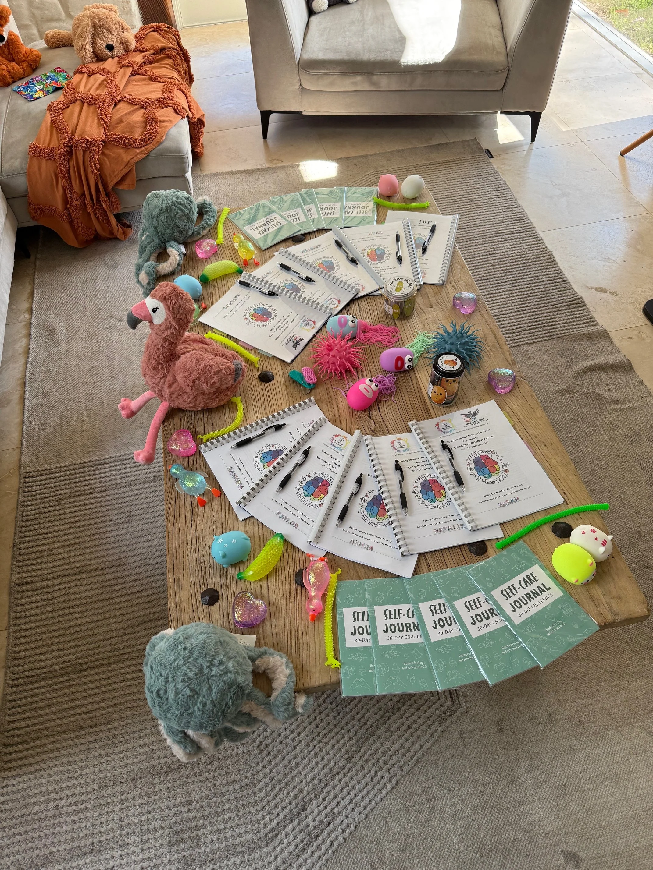 A large wooden table covered with various toys, papers, notebooks, and self-care journal booklets. The toys include plush animals, plastic figurines, and squeaky toys. There are multiple pens on the notebooks and a jar containing cookies. The background shows a beige sofa with a blanket and stuffed animals on it, and a sliding glass door that lets in natural light, with a view of grass outside.