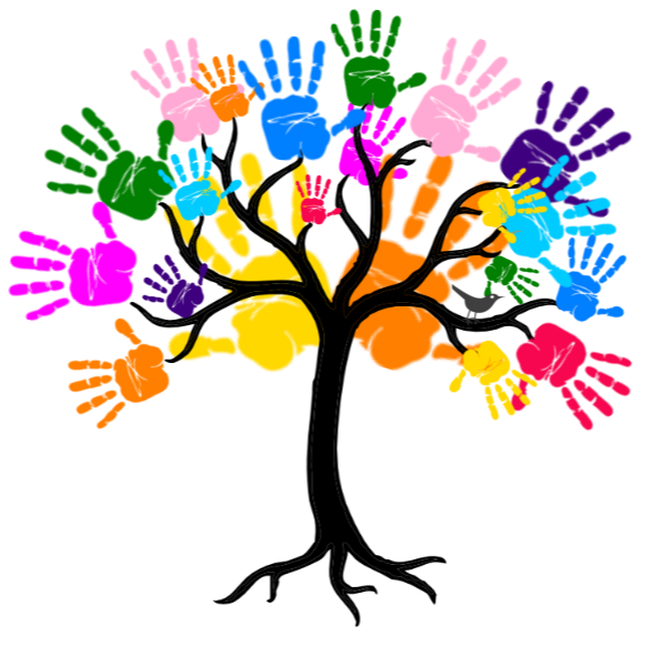 A black tree with multicolored hands as leaves, including pink, blue, green, purple, orange, and yellow.