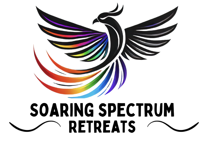 A stylized eagle with rainbow-colored wings spreading upward and black accents, with the text 'Soaring Spectrum Retreats' below, featuring decorative curved lines.