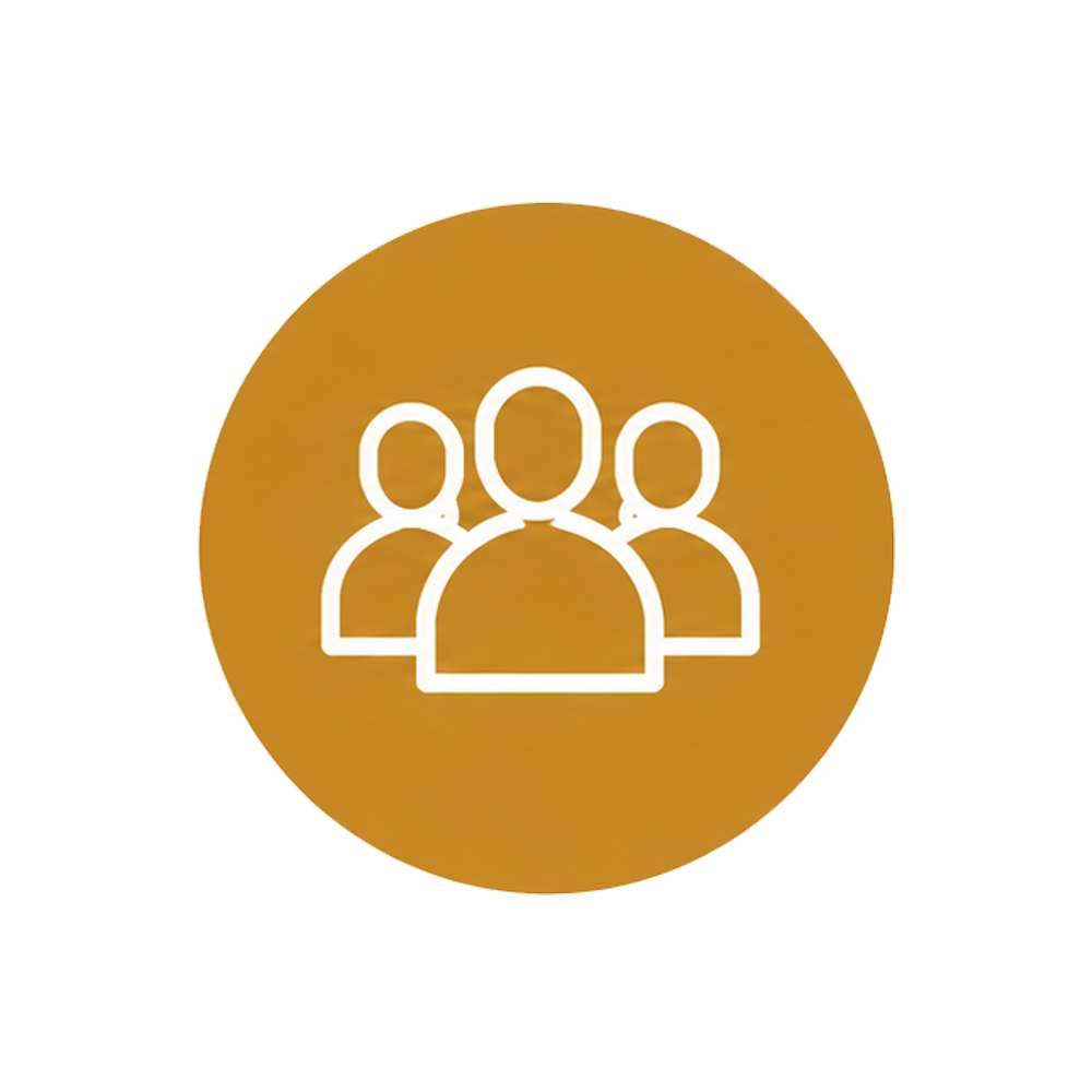 Icon of three people on a gold circular background.