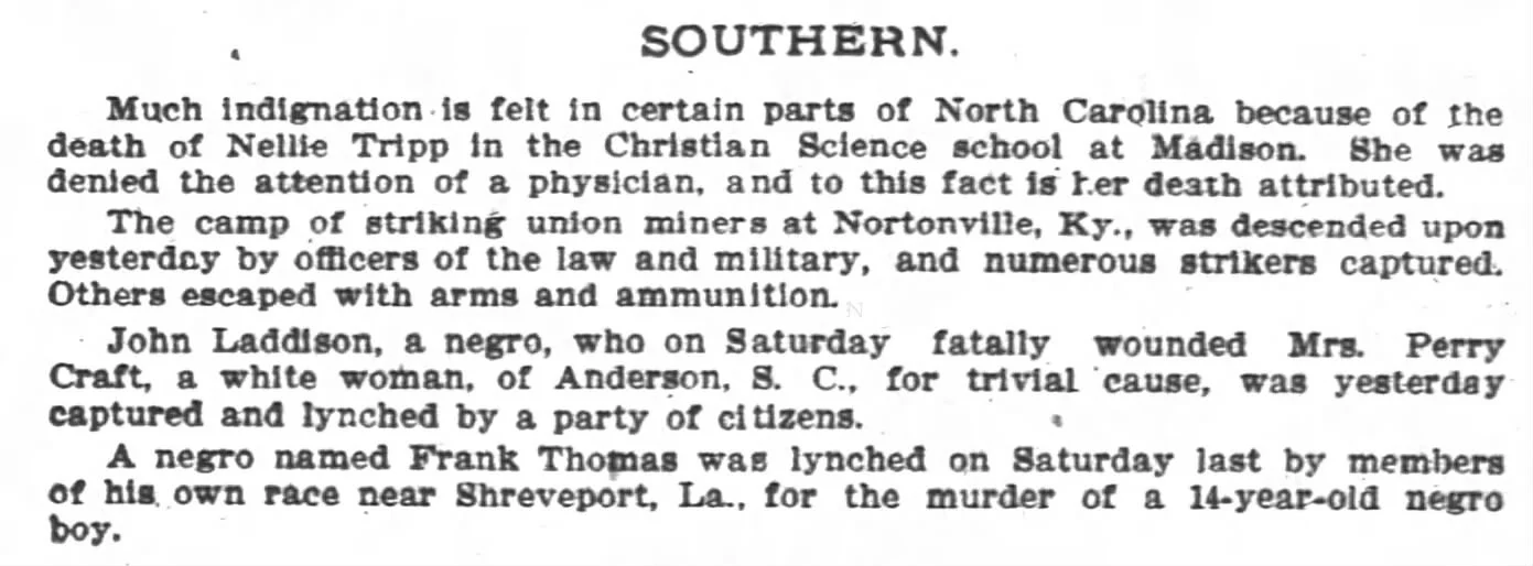 Historical newspaper clipping with article about racial violence and lynching incidents in southern United States.