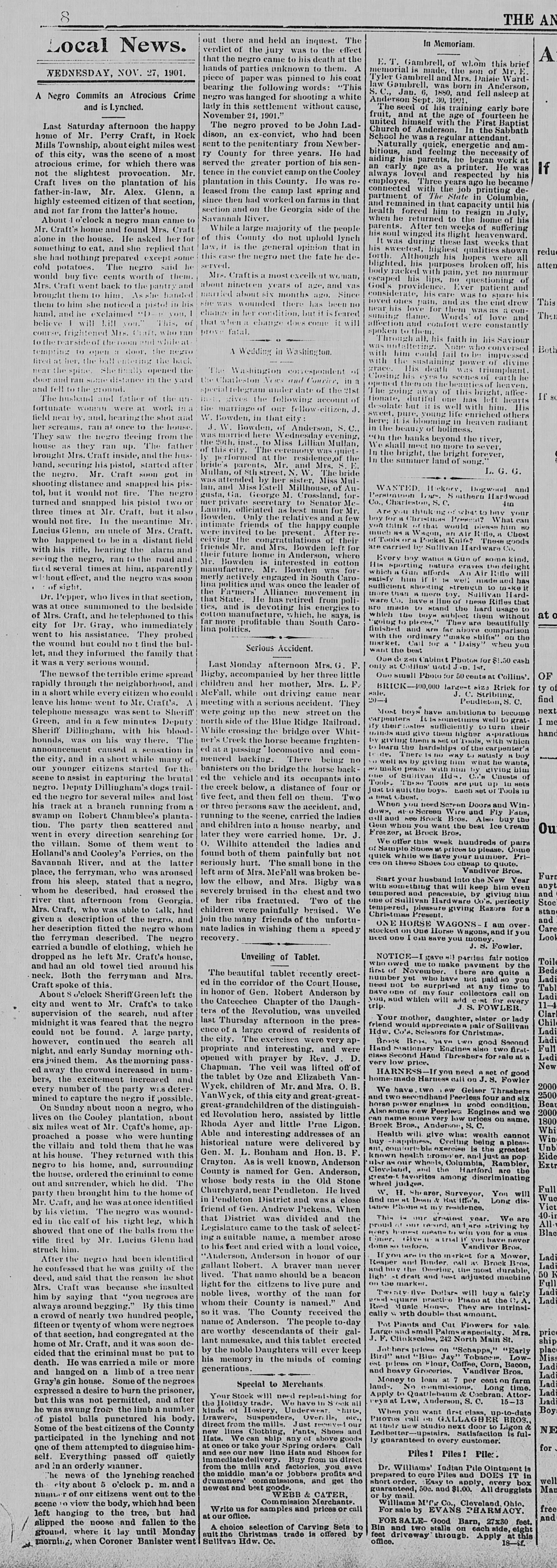 A historical newspaper article from November 27, 1901, detailing a lynching event and other local news, including tragic accidents and social incidents.