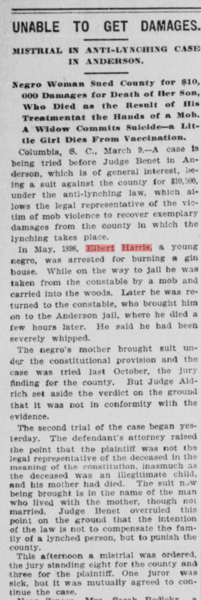 A newspaper article about a lynching case in Anderson with the headline "Unable to Get Damages." The article mentions a case involving a young Black woman named Elbert Harris who was arrested for burning a gin house, and details the trial of the case in 1898. The article discusses the legal proceedings and the jury's verdict.