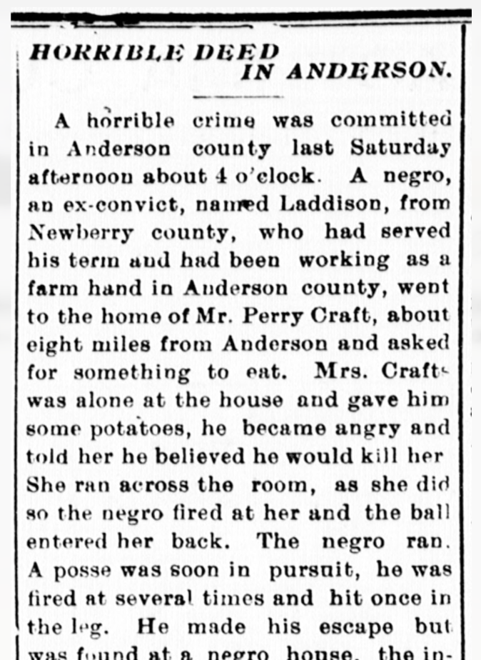 Newspaper clipping titled 'Horrible Deed in Anderson' describing a violent crime involving a Black man named Laddison, who was accused of shooting a woman after she gave him potatoes, resulting in her being shot in the back and him making an escape.