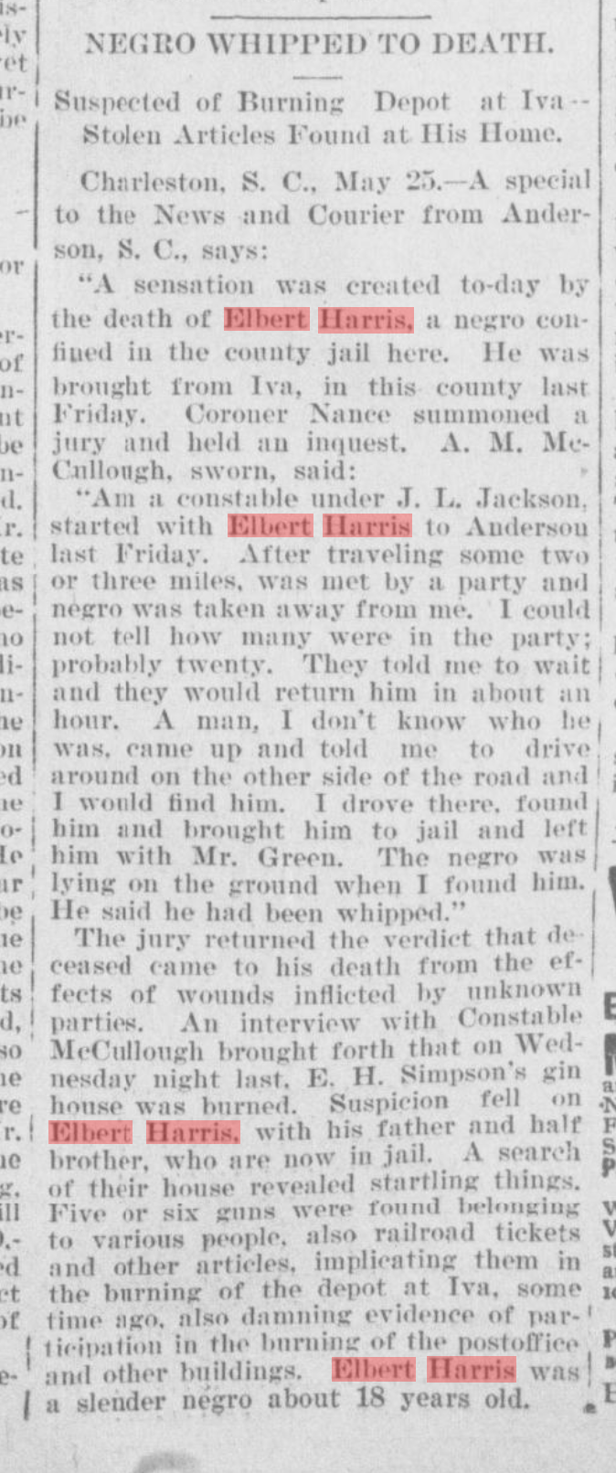 An old newspaper article about the lynching of Albert Harris, a black man, with his name highlighted in red.