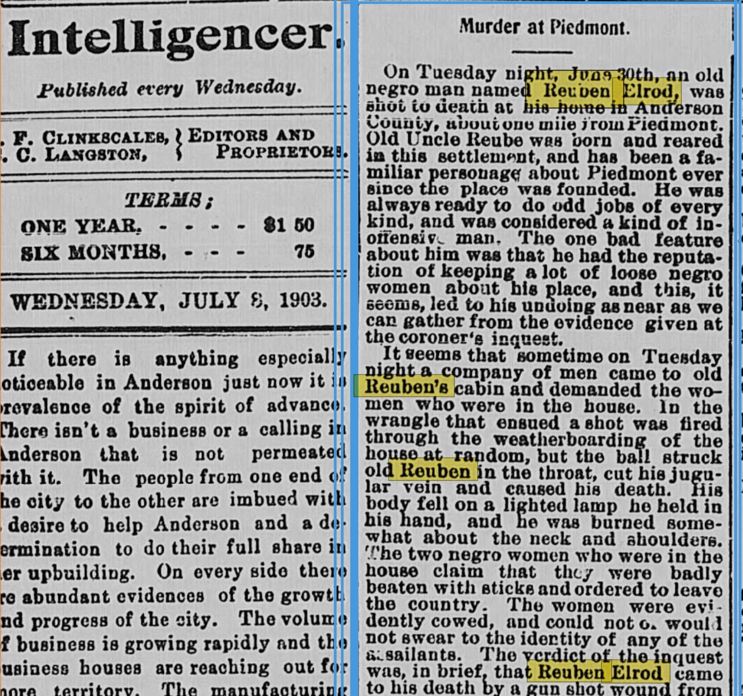 Historical newspaper clipping with headlines and articles. Highlighted text includes "night, Tuesday 30th," "Reuben Elrod," "Reuben's," and "Reuben Elrod." The article discusses a murder at Piedmont and details related events.