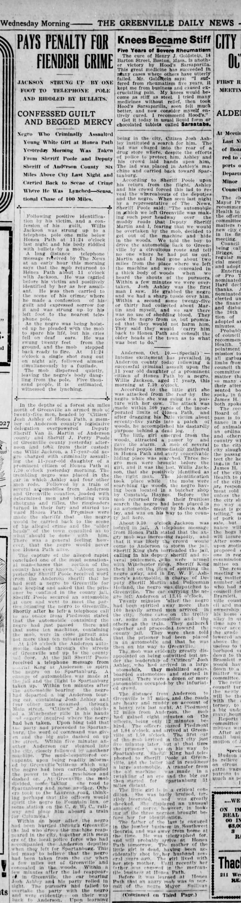 A vintage black-and-white newspaper article from The Greenville Daily News, dated Wednesday, about a crime involving a penalty for a fiendish crime, a stiff knee from rheumatoid arthritis, and various local news stories.
