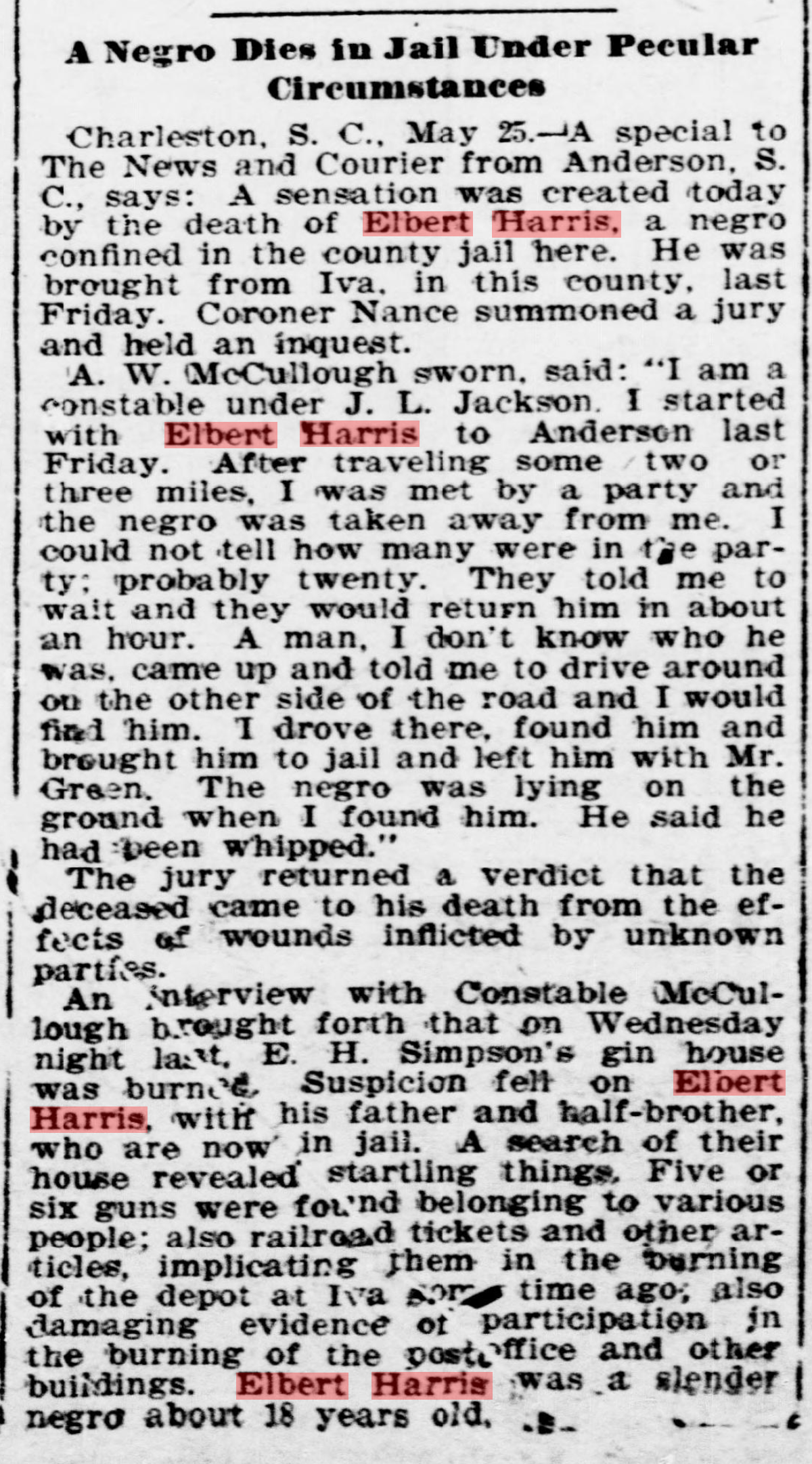 Historical newspaper clipping about the death of Elbert Harris, a Black man, under mysterious circumstances in Charleston, South Carolina, on May 25. The article mentions Harris's death, his initial detention, and events leading to his death.