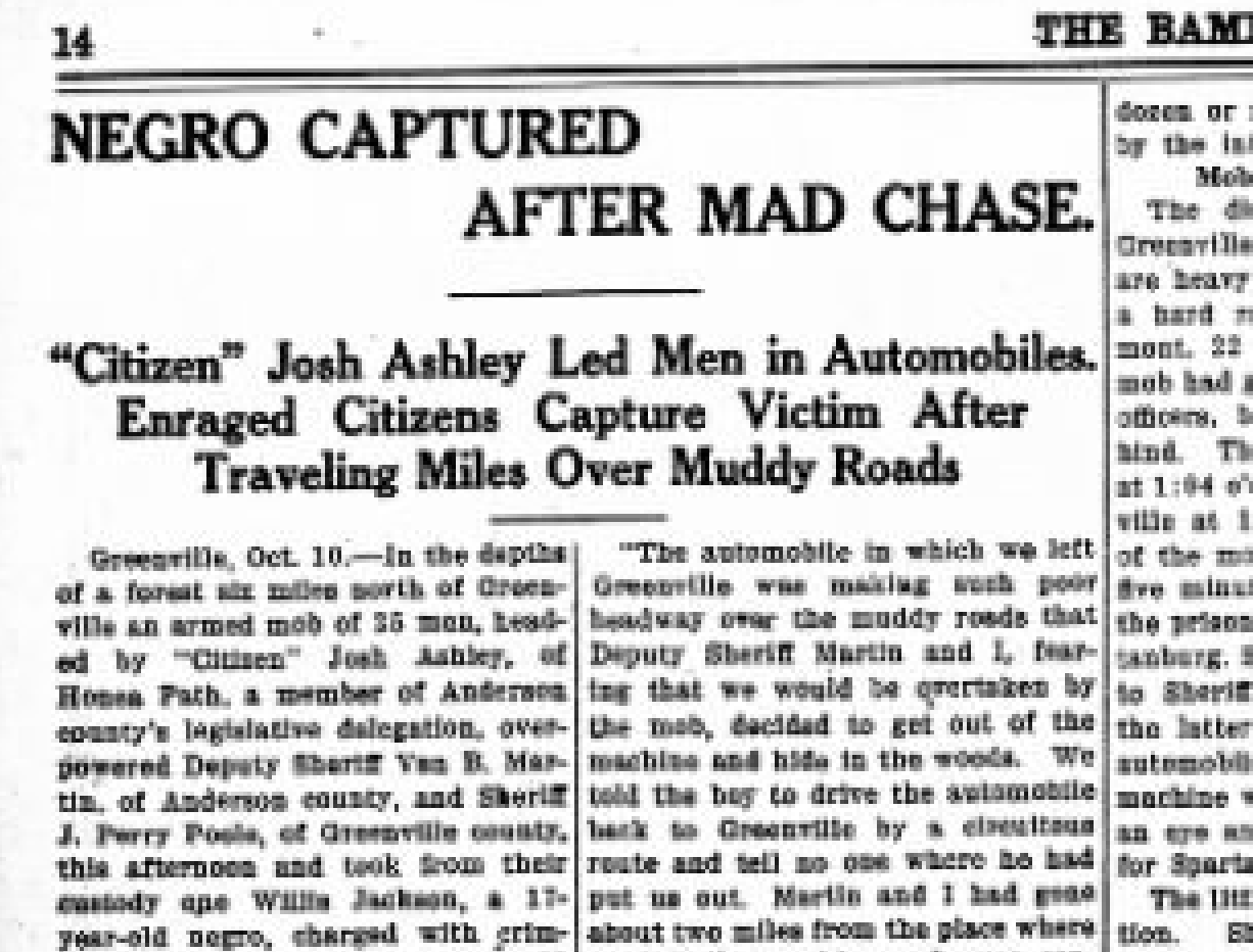 Historic black-and-white newspaper clipping with the headline "Negro Captured After Mad Chase" about Josh Ashley, a citizen who led men in a car chase of a black man crossing a muddy road in Greenville, October 10, 1933.
