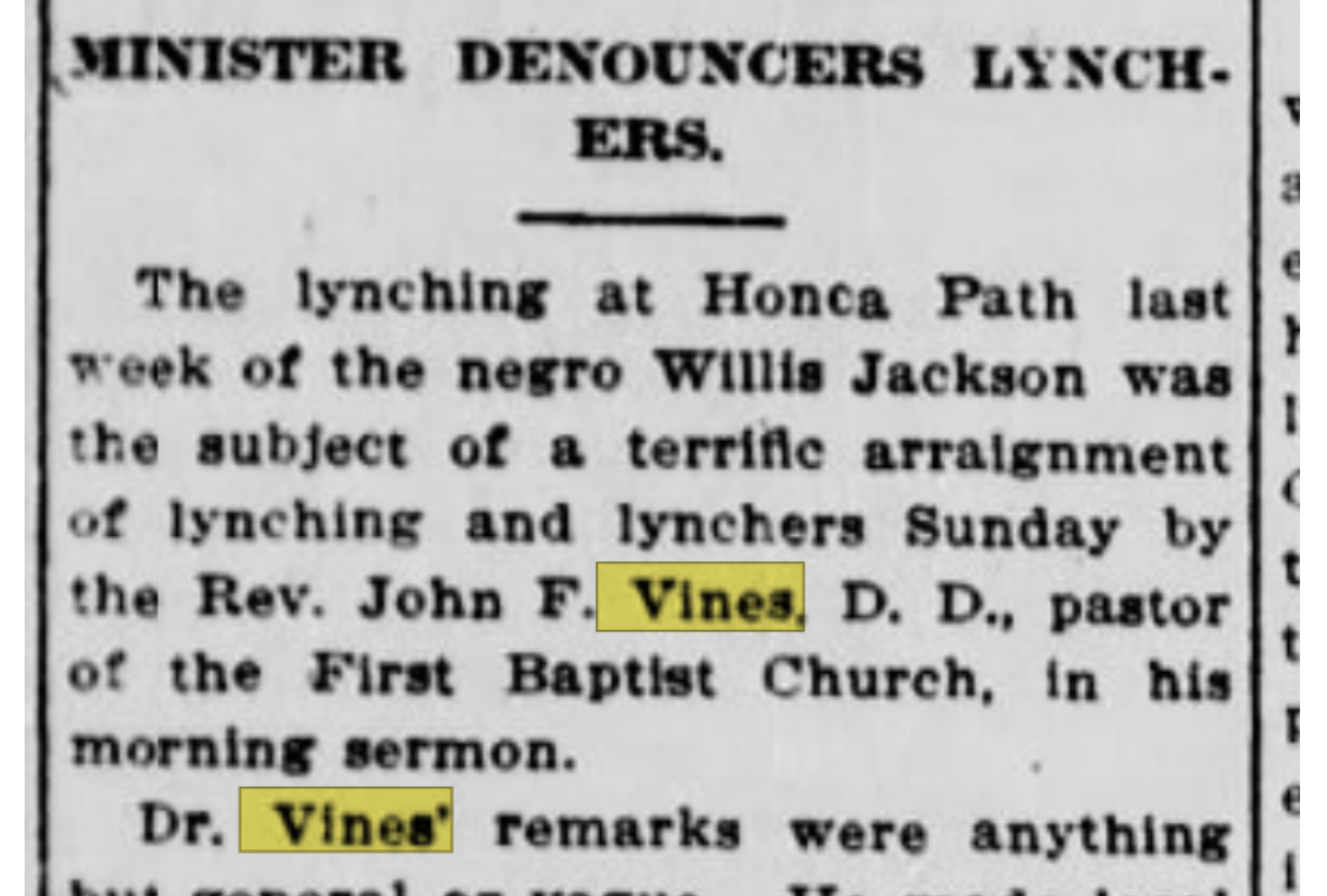 A historical newspaper clipping with bold headline 'MINISTER DENOUNCES LYNCHERS.' The text mentions Dr. Vines, a pastor, and discusses lynching incidents.