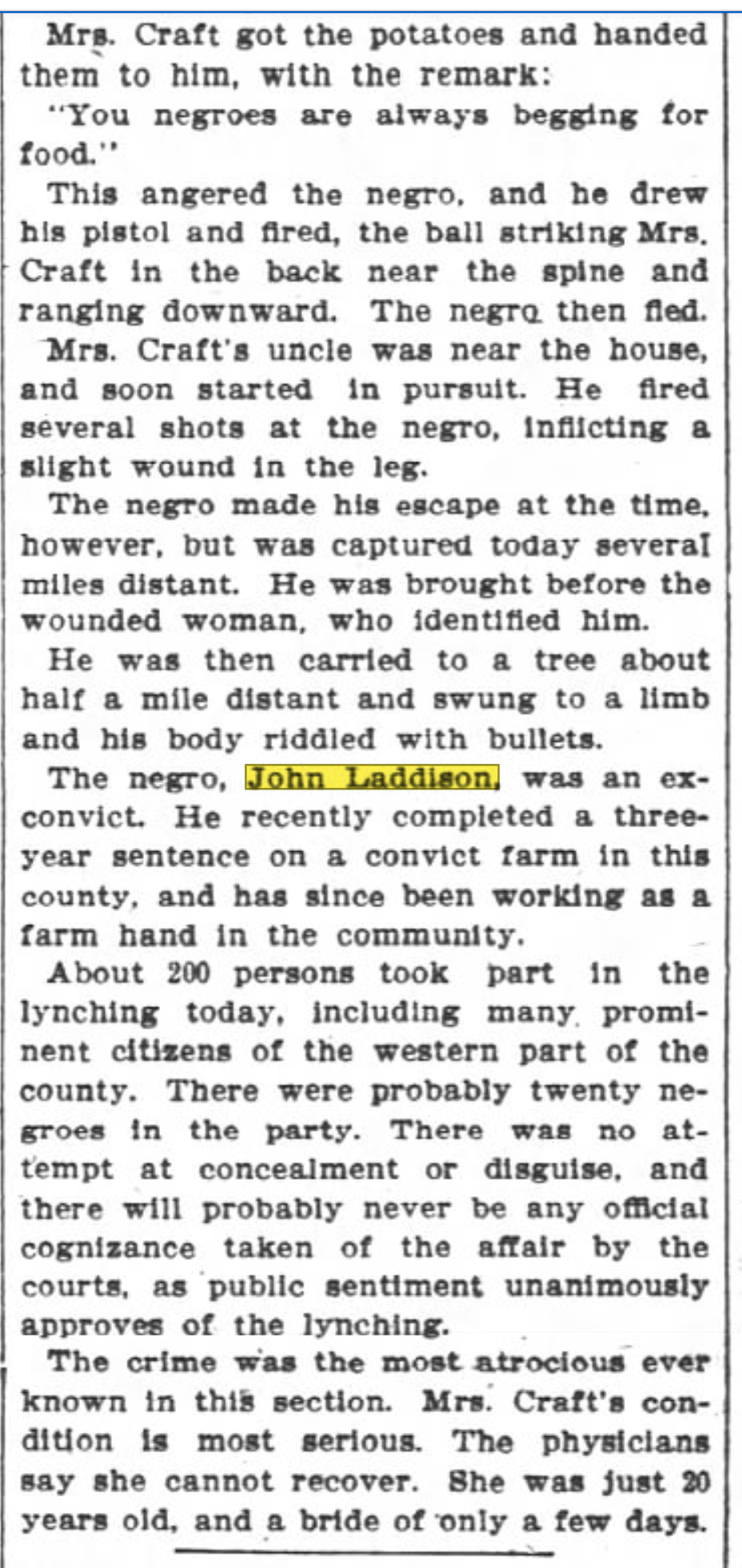 A printed newspaper article describing a lynching, featuring a quote from Mrs. Craft, and mentioning a man named John Laddison, with text about a lynching event involving a negro and an ex-convict.