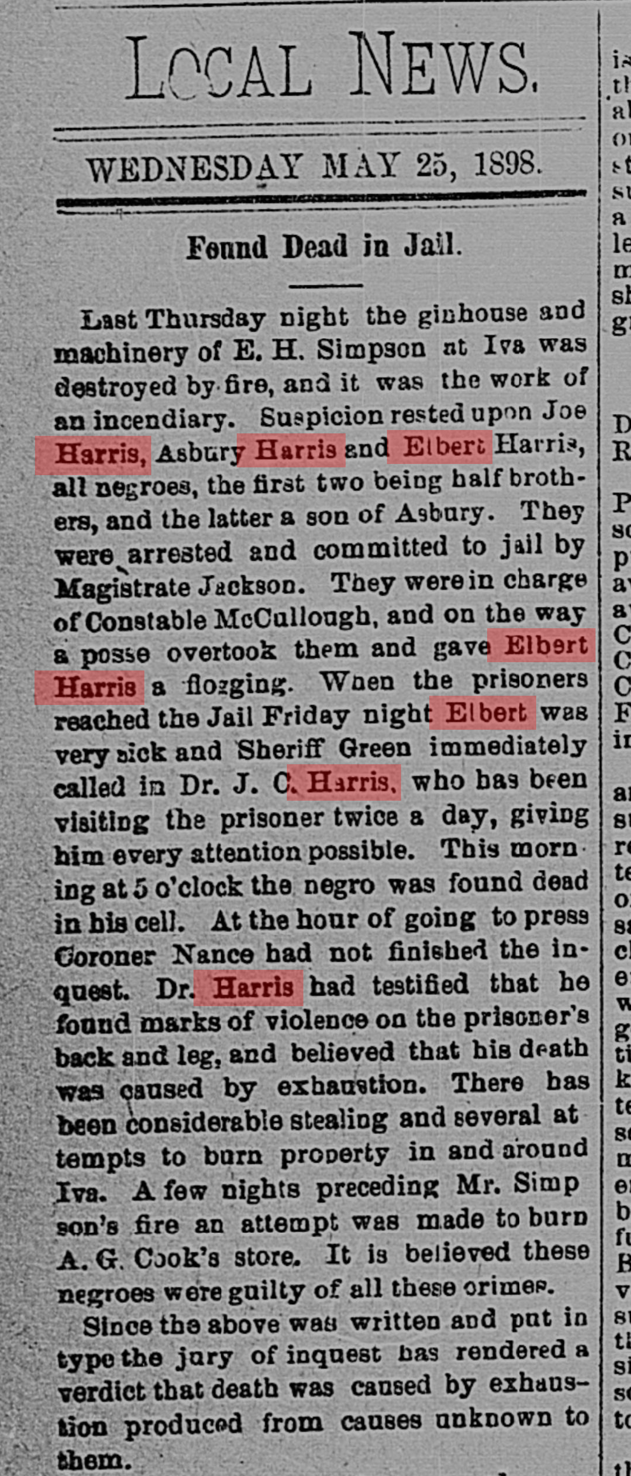 A black and white newspaper clipping from May 25, 1898, titled "Local News," reporting on a fire in a ginhouse, and mentioning individuals with the last name Harris, including Elbert Harris, and information about a man's death in jail.
