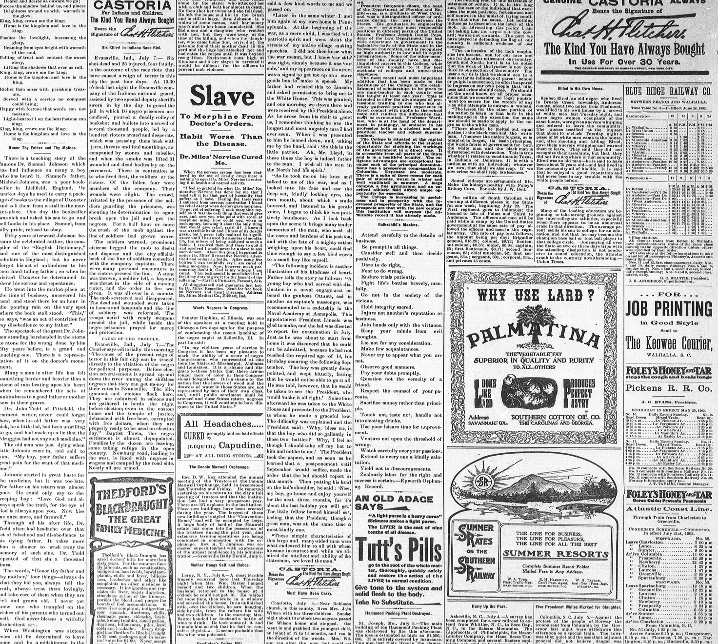 A black and white newspaper page featuring various articles, advertisements, and headlines. The prominent headline reads 'Slave To Morphine From Doctor's Orders.' Other sections include health remedies, political opinions, and local news, with an emphasis on medical advice, political commentary, and community notices.