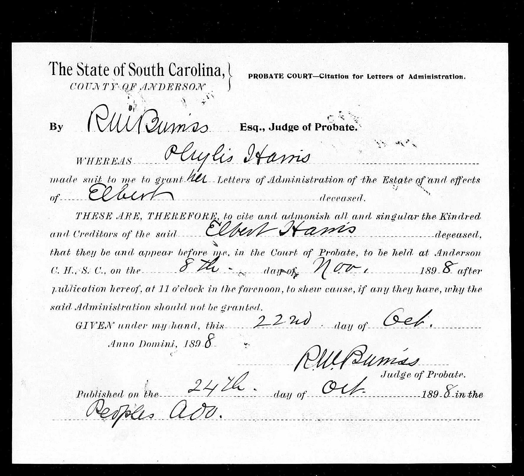 A scanned historical legal document from South Carolina, County of Anderson, Probate Court, dating from October 1898. The document appears to be a court citation for letters of administration, with signatures and handwritten entries.