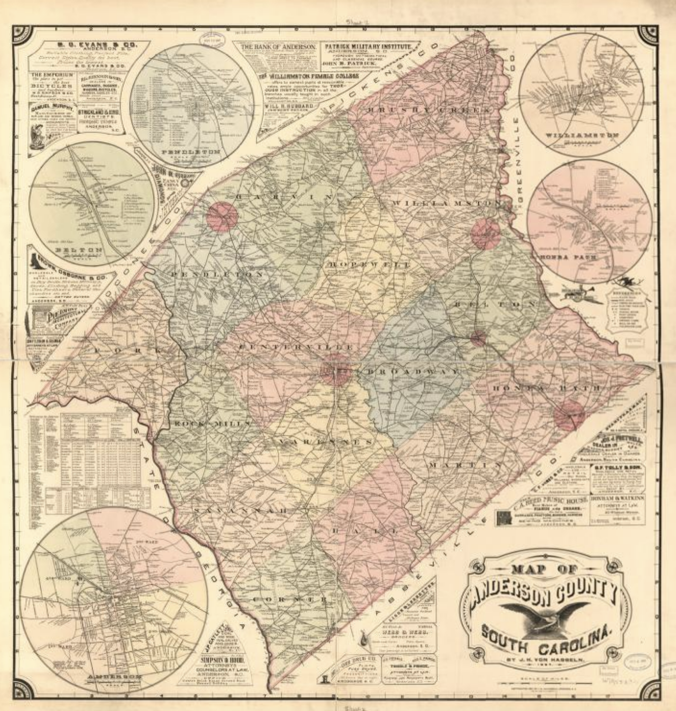 Historical map of Anderson County, South Carolina with detailed boundary lines, color-coded regions, and insets of nearby towns and features.