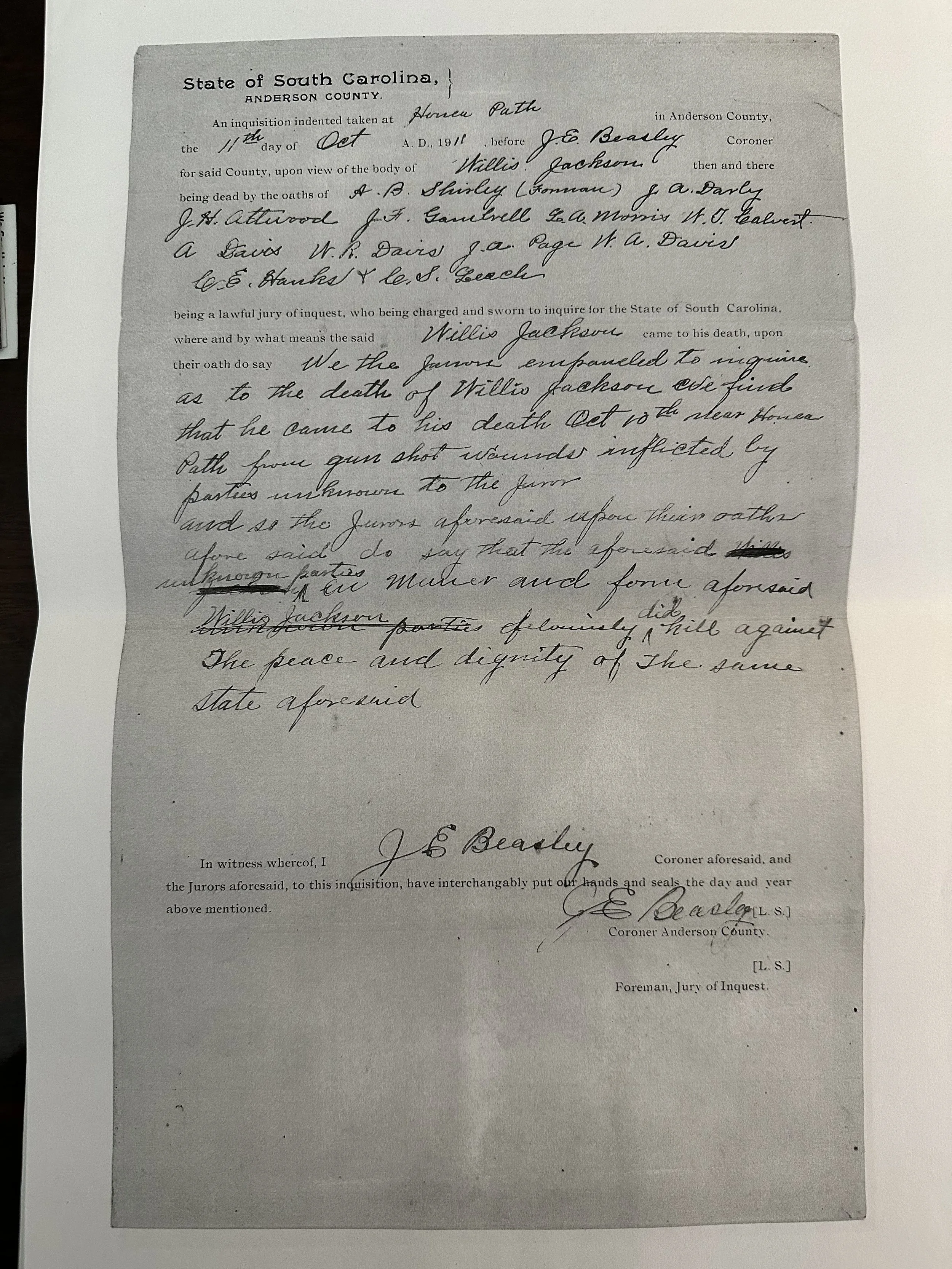 Historical document from South Carolina, Anderson County, dated October 11, 1911, detailing a legal inquisition concerning the death of Willis Jackson, with signatures of officials, including J.E. Beatty.