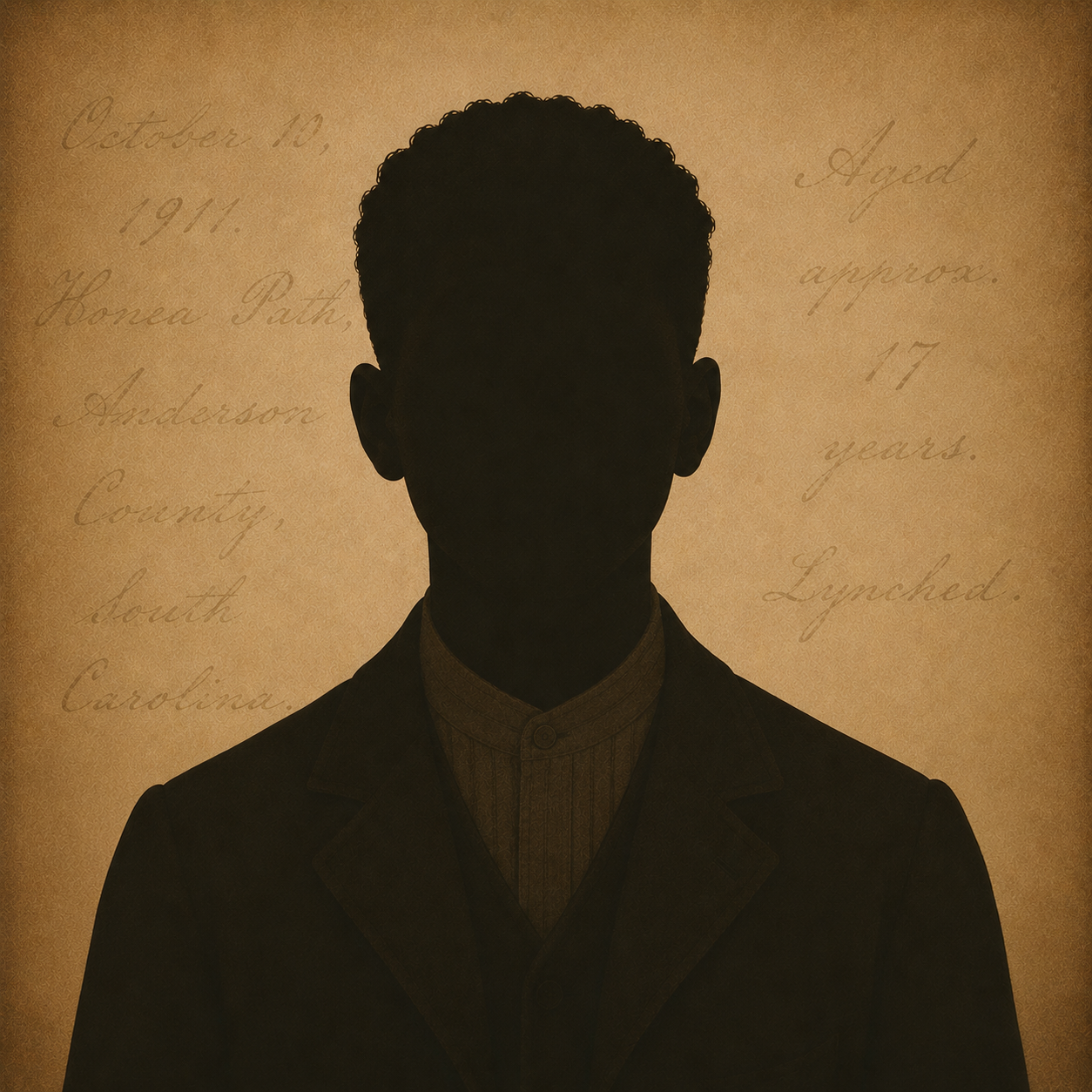 A silhouetted portrait of a young man with short, curly hair, wearing a jacket and a collared shirt, with a historic document or text in the background.