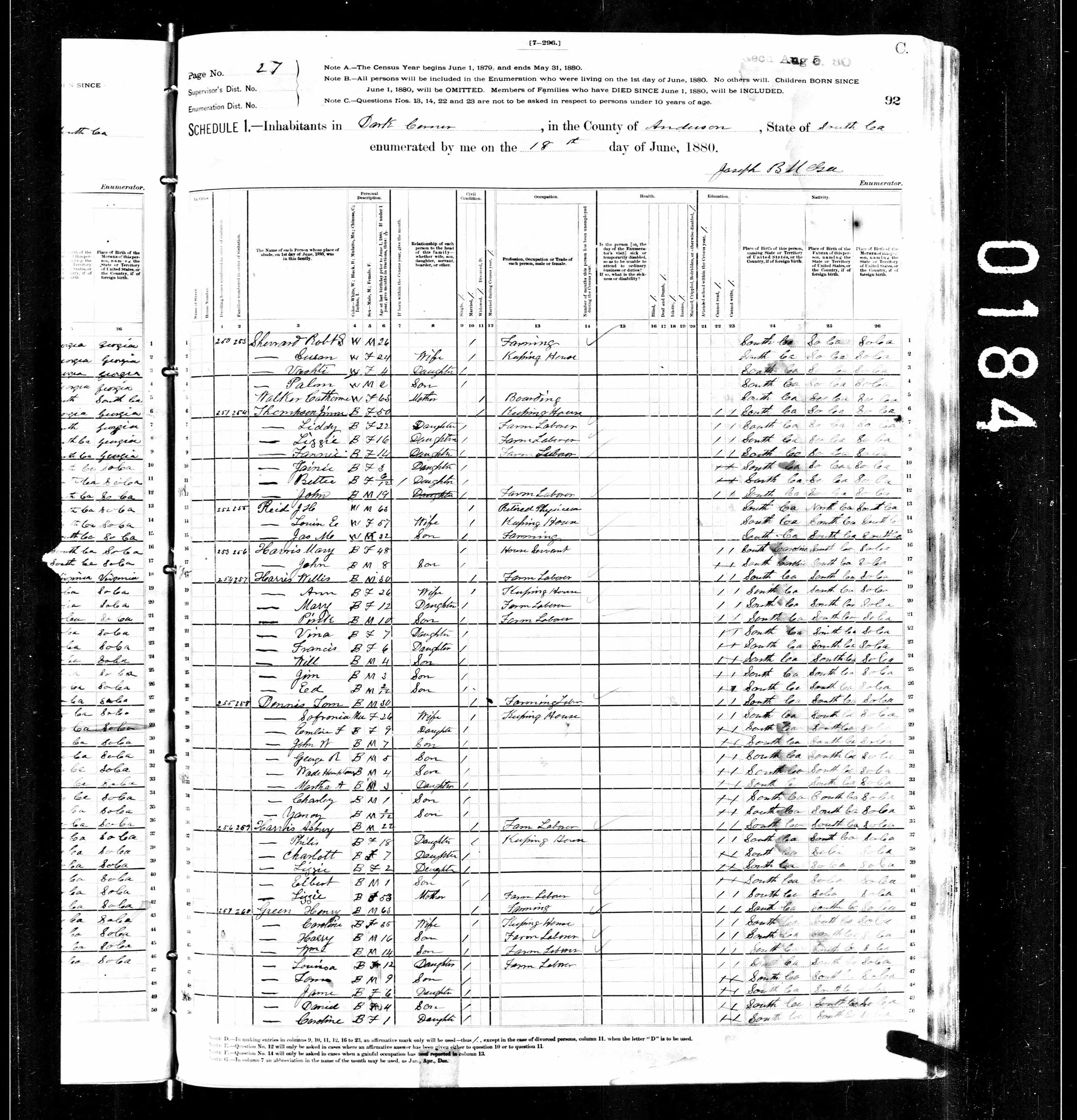 Black and white photograph of a page from an old census record, showing handwritten entries and printed text in columns, with a black border on the right side containing white writing.
