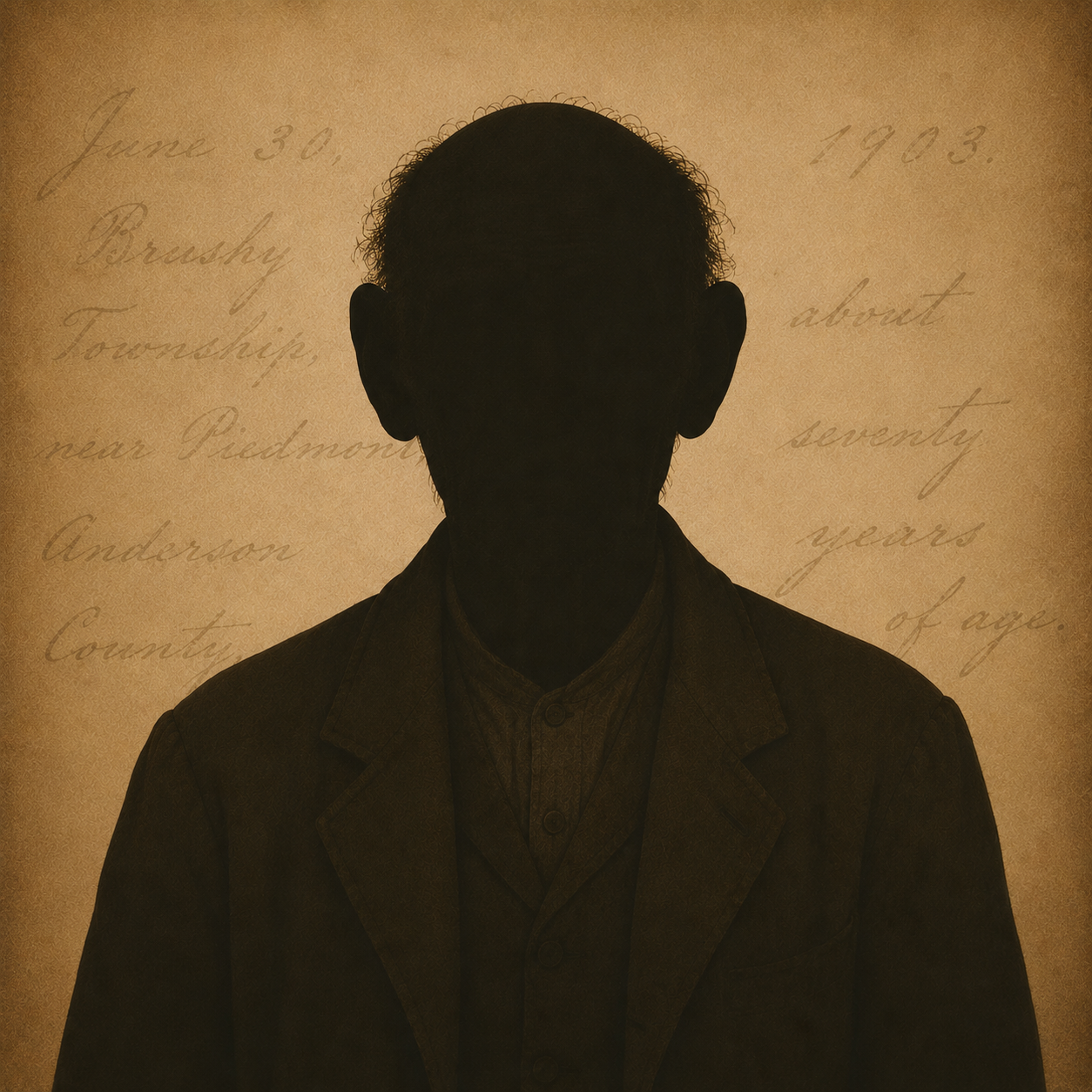 Silhouette of a man with short hair in front of a vintage paper background with handwritten text, wearing a suit and tie.