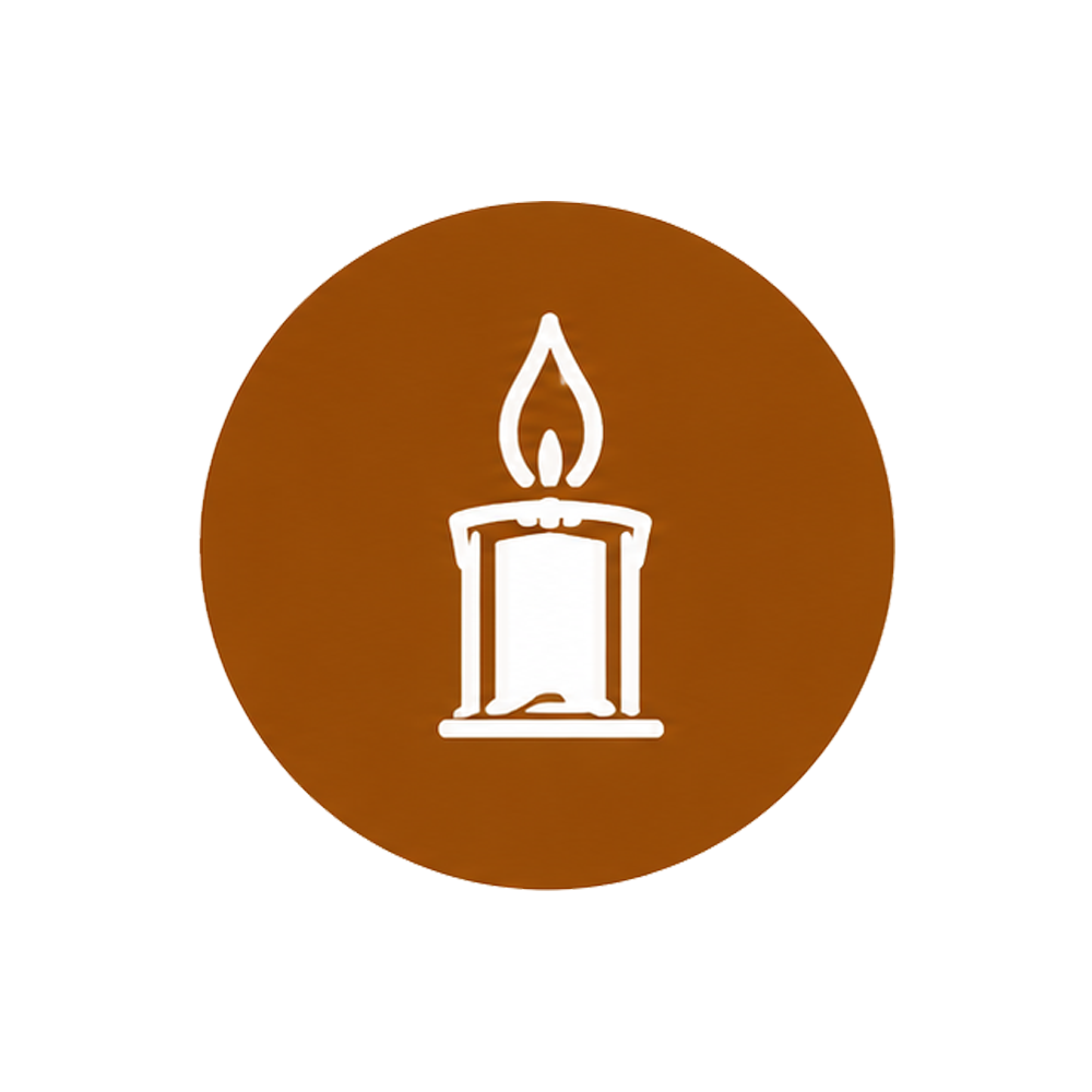 Icon of a candle with a flame on a brown circular background.
