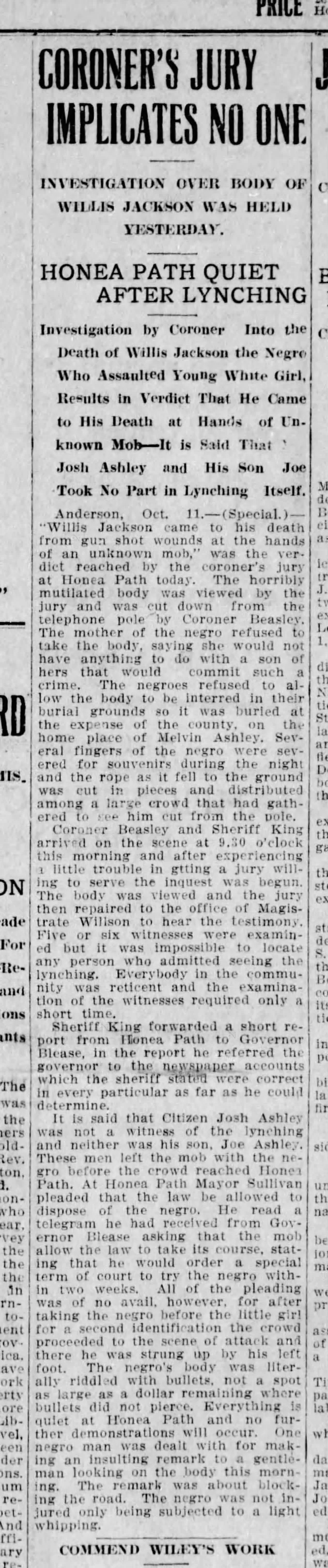 Historical newspaper clipping about an investigation into the death of Willis Jackson, including details about the lynching, jury, and witnesses.