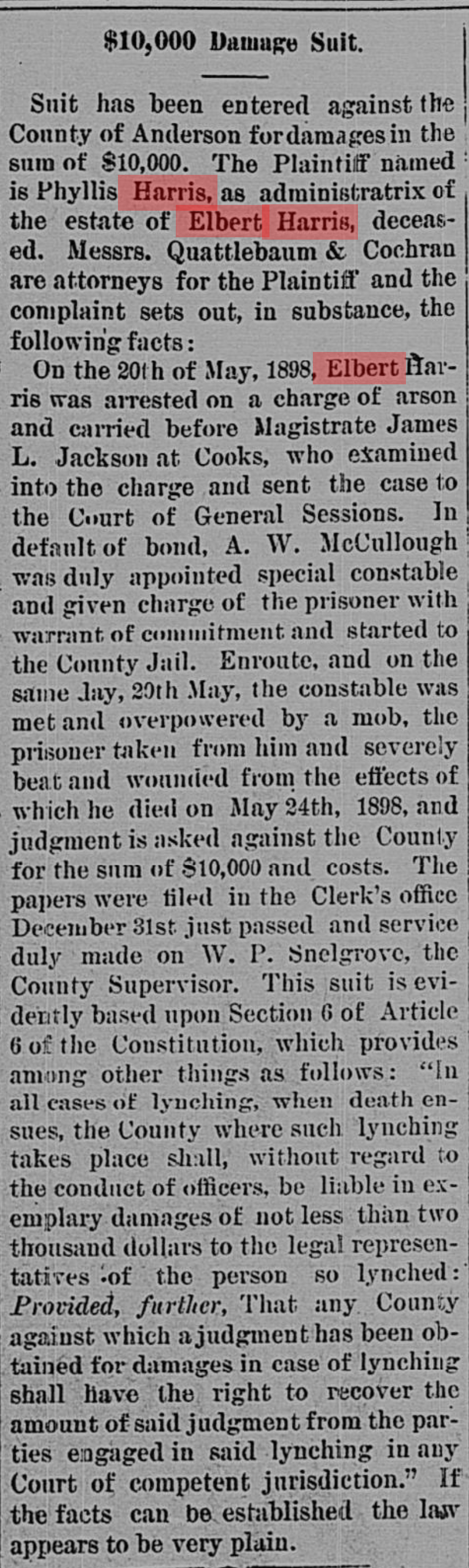 Historical newspaper clipping about a $10,000 damage lawsuit filed against Anderson County, involving plaintiff Phyllis Harris and defendant Elbert Harris, related to a 1898 arson and abuse case.