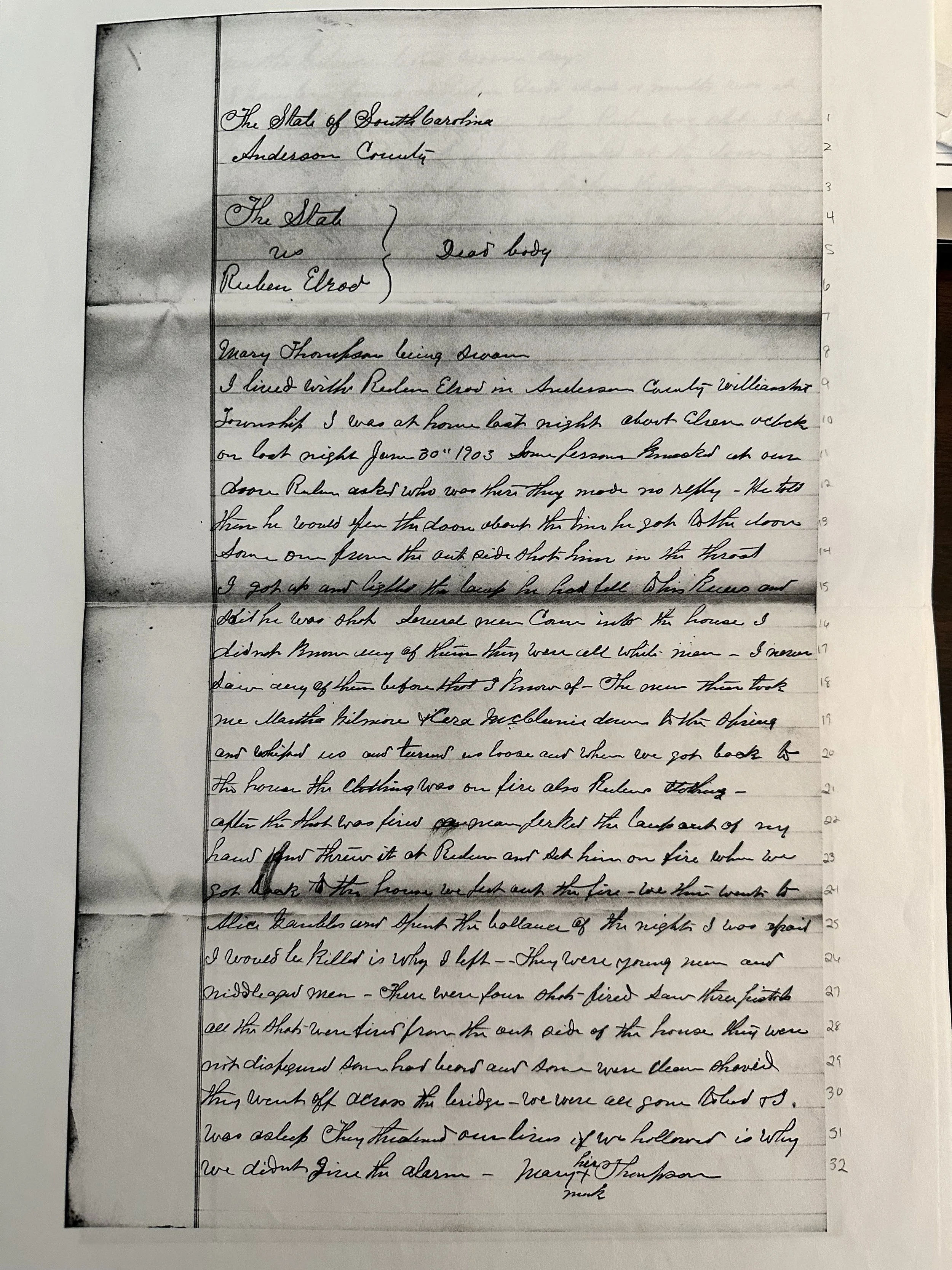 A handwritten letter on lined paper with cursive writing, discussing an incident involving a woman named Mary Thompson, a person named Reden Elrod, and a fire at a house.