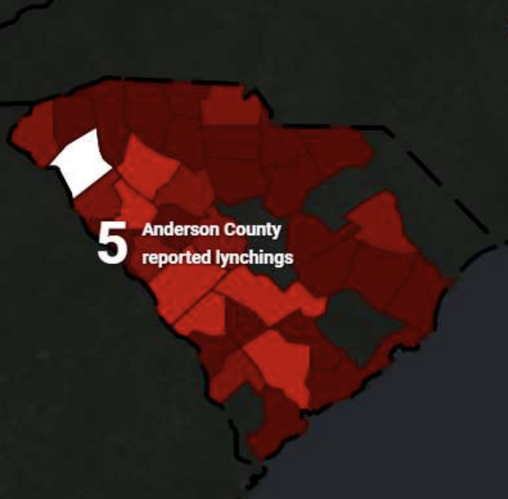 Map of South Carolina showing counties with reported lynchings, with Anderson County highlighted and noted as having 5 reported lynchings.