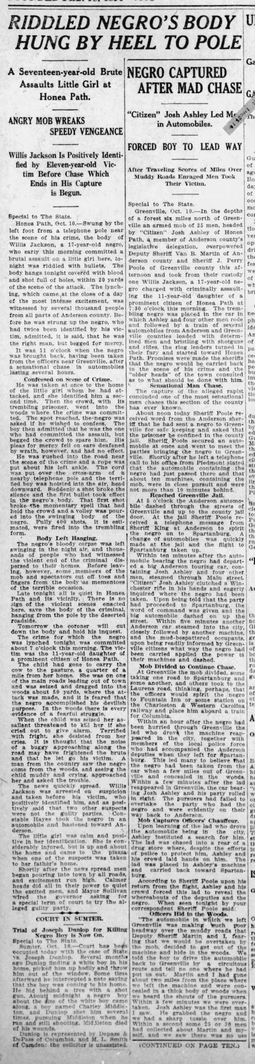 Historical newspaper article titled 'Riddled Negro's Body Hung by Heel to Pole' reporting on the death of 17-year-old Willis Jackson, a victim of violent crime, with headlines like 'Negro Captured after Mad Chase' and details of the crime and investigation.