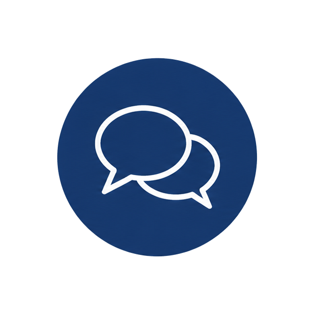 Icon of two overlapping chat bubbles on a dark blue circular background.